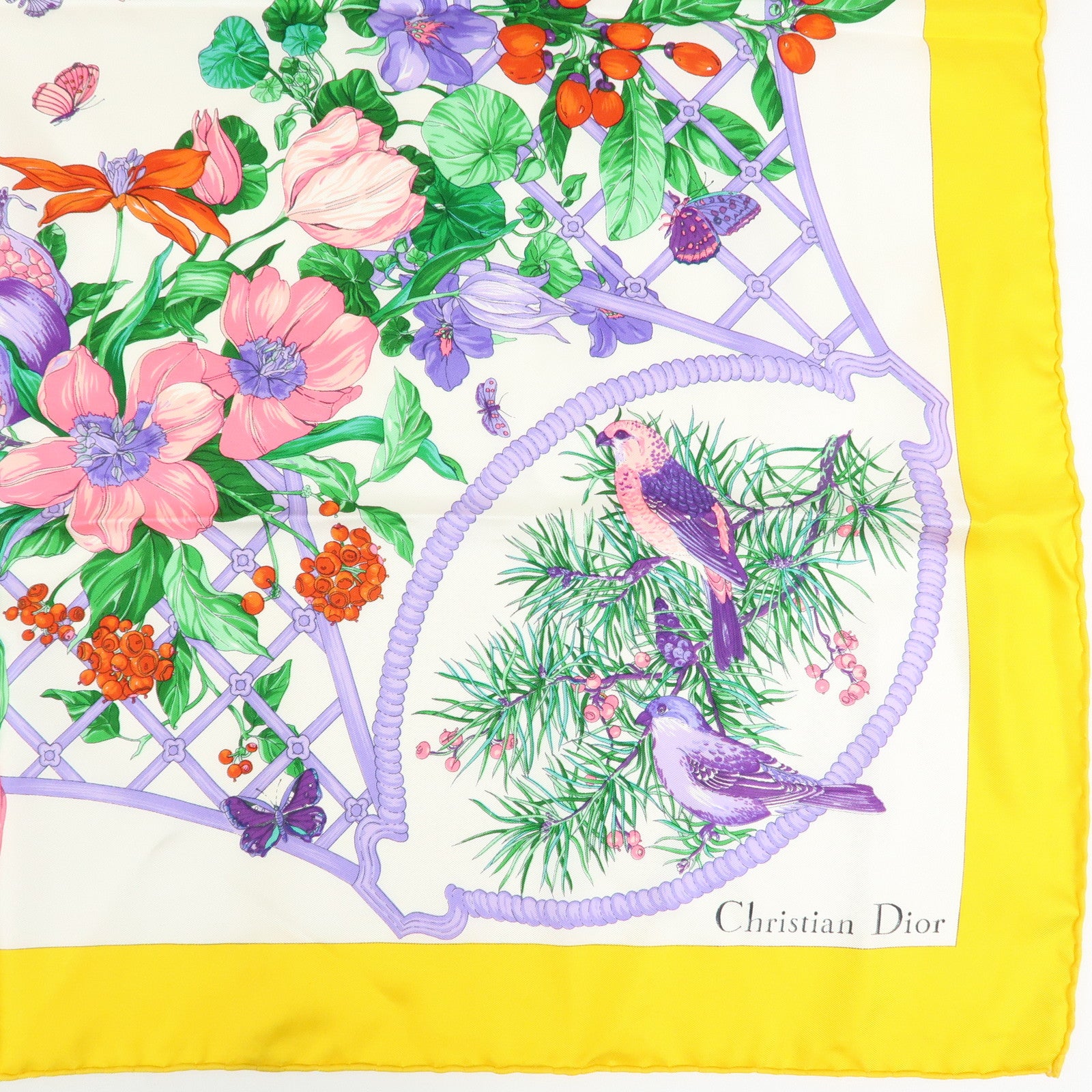 Christian Dior Silk 100% Scarf Botanical Pattern 87×87 White Yellow