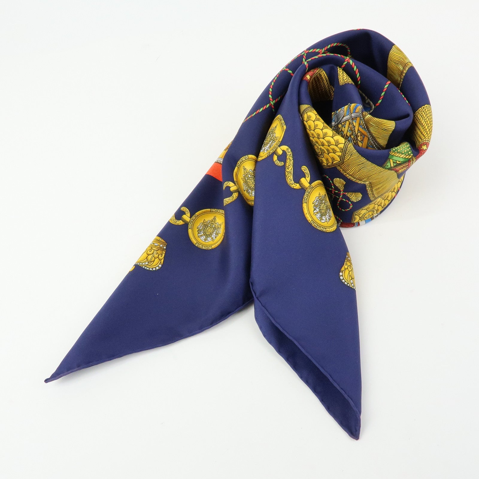 HERMES Carre 90 Silk 100% Scarf LES TAMBOURS Navy Gold