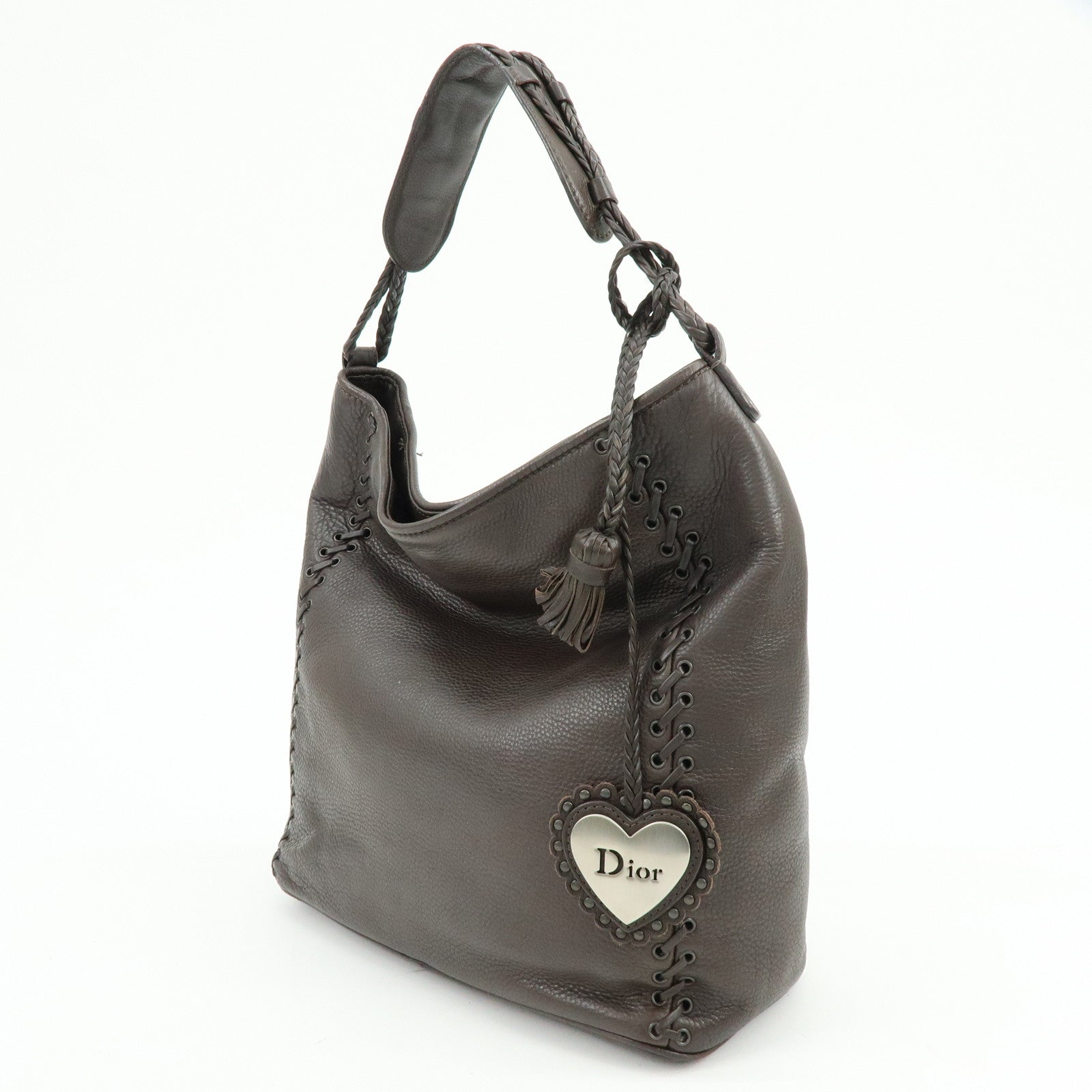 Christian Dior Leather Shoulder Bag Ethnic Heart Tassel Charm Brown