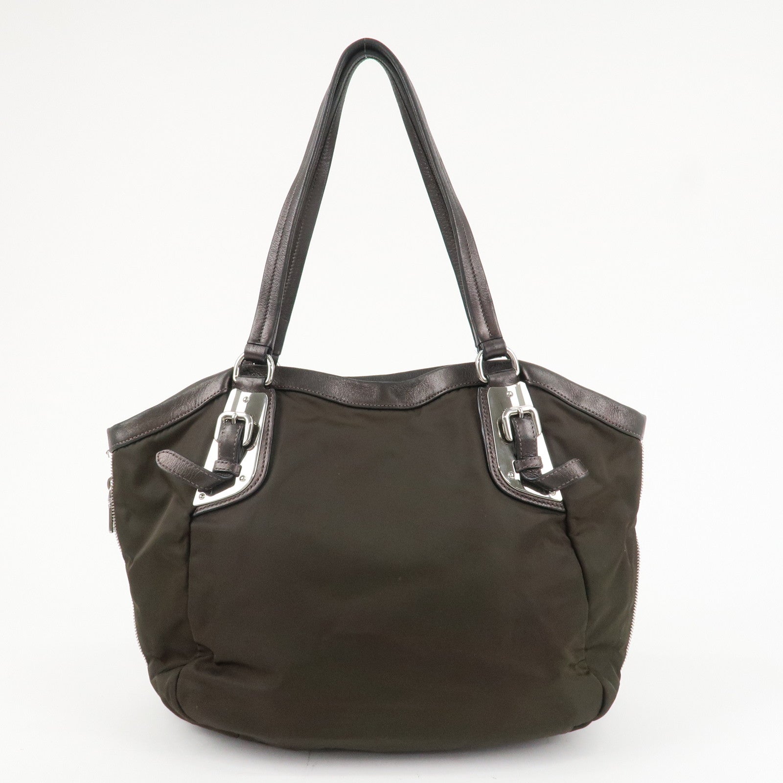 PRADA Logo Nylon Leather Tote Bag Shoulder Bag Khaki Metallic Brown Used