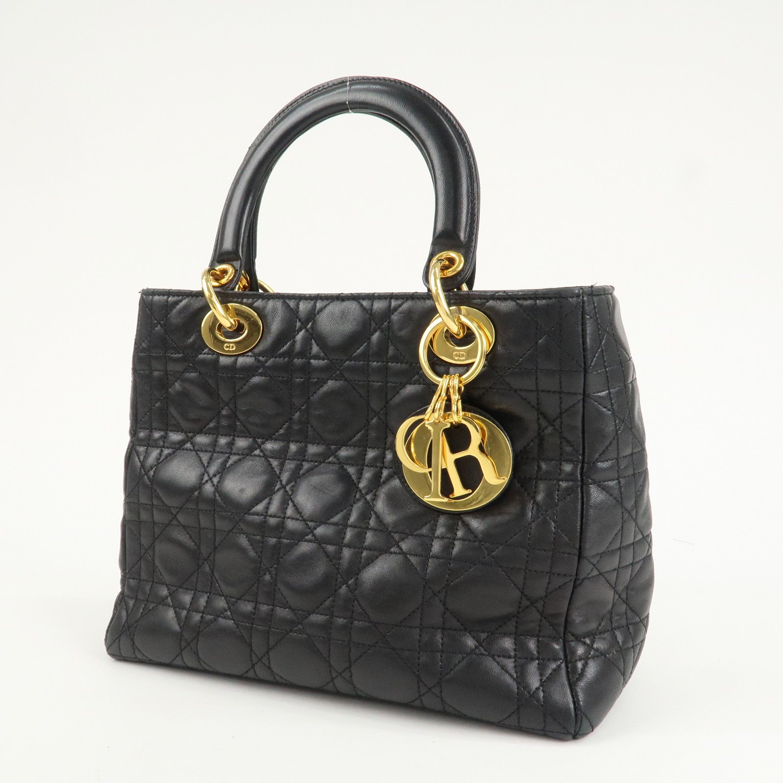 Christian Dior Lady Dior Canage Leather Hand Bag Black Used