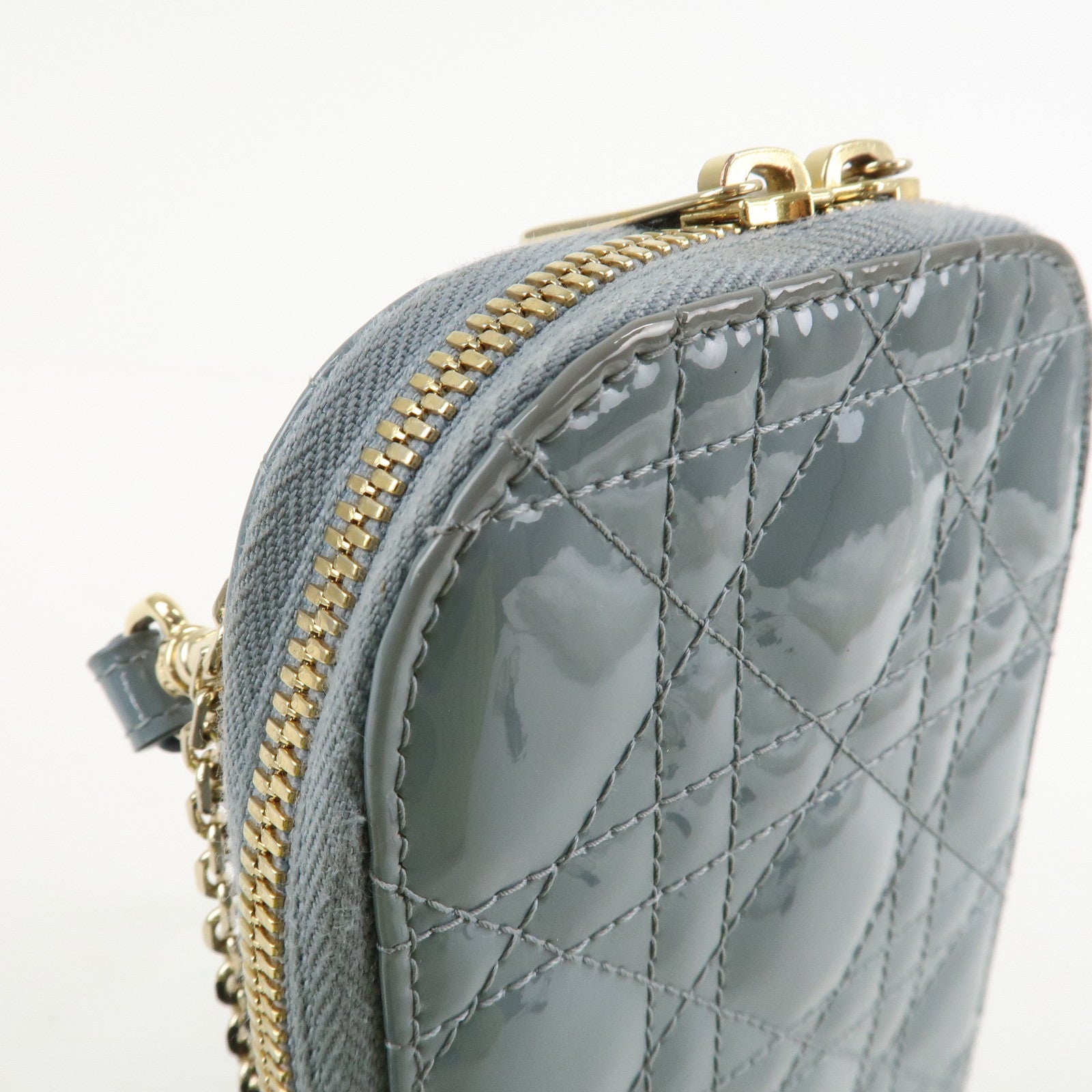 Christian Dior Lady Dior Canage Patent Leather Phone Holder Light Blue Used