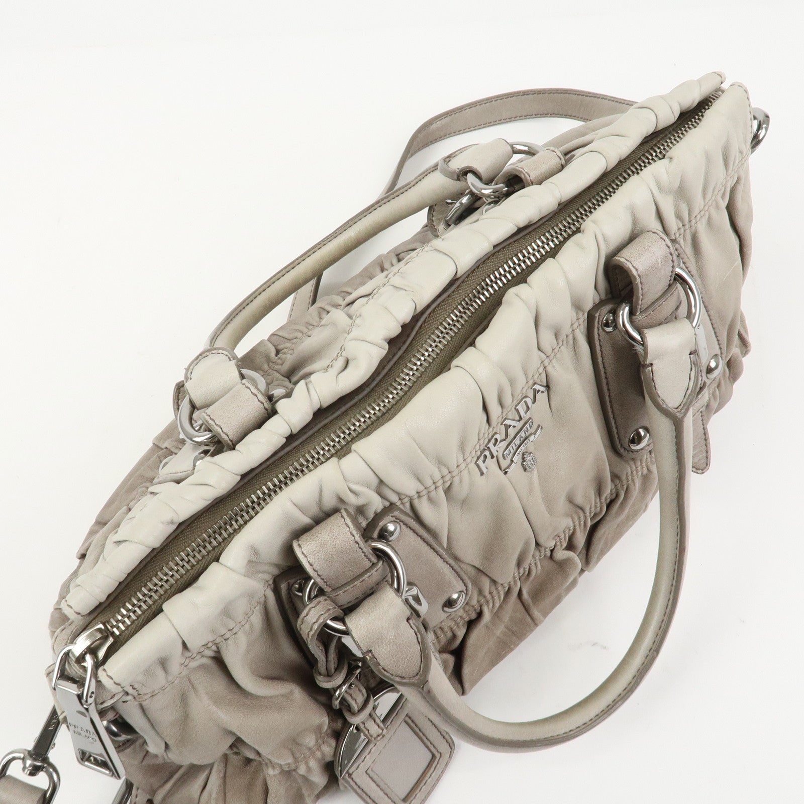 PRADA Leather Gathered 2Way Bag Hand Bag Shoulder Bag Gray BN1407