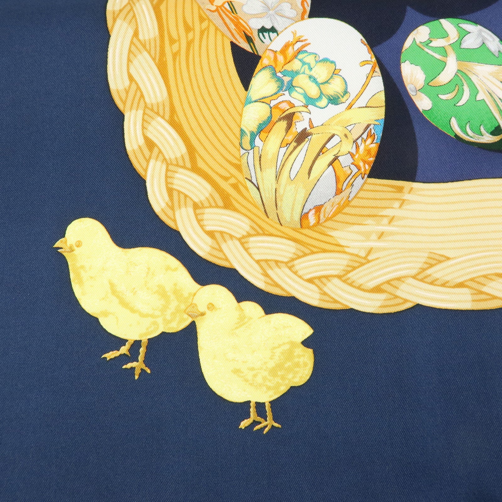 HERMES Carre 90 Silk 100% Scarf COUVEE D HERMES Egg Print Navy Gold