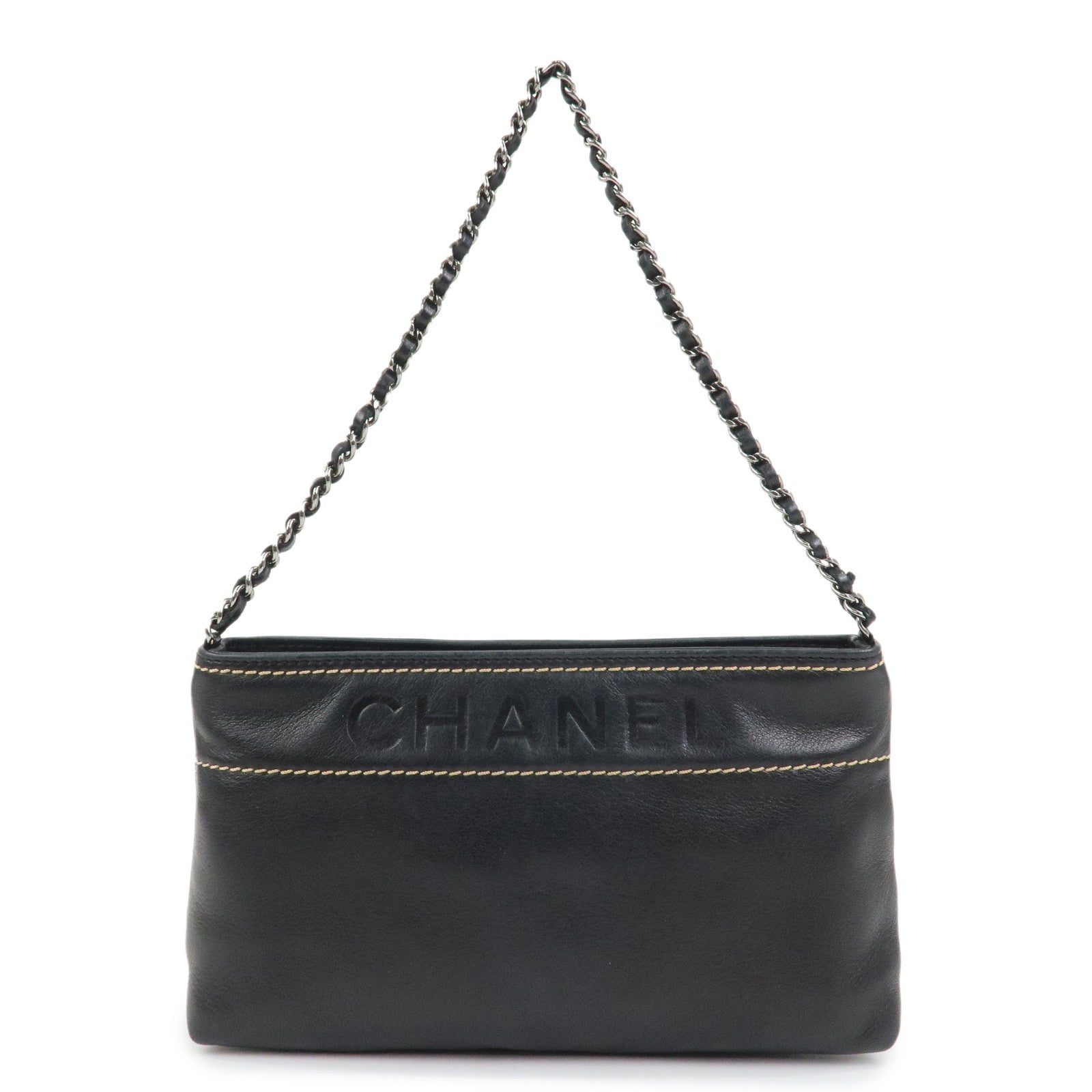 CHANEL Lambskin Chain Shoulder Bag Hand Bag Black Silver