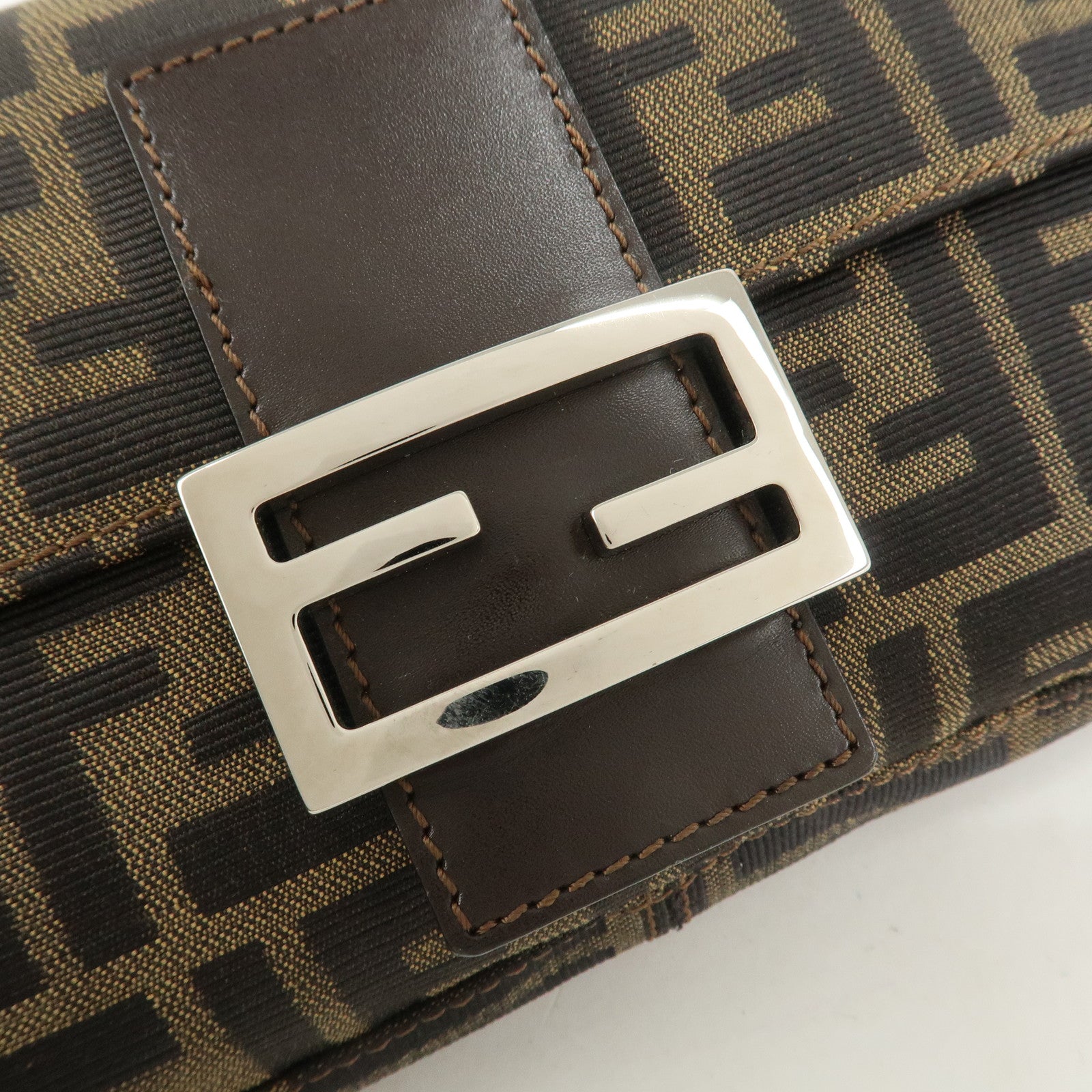 FENDI Mamma Baguette Canvas Leather Shoulder Bag Brown 26424