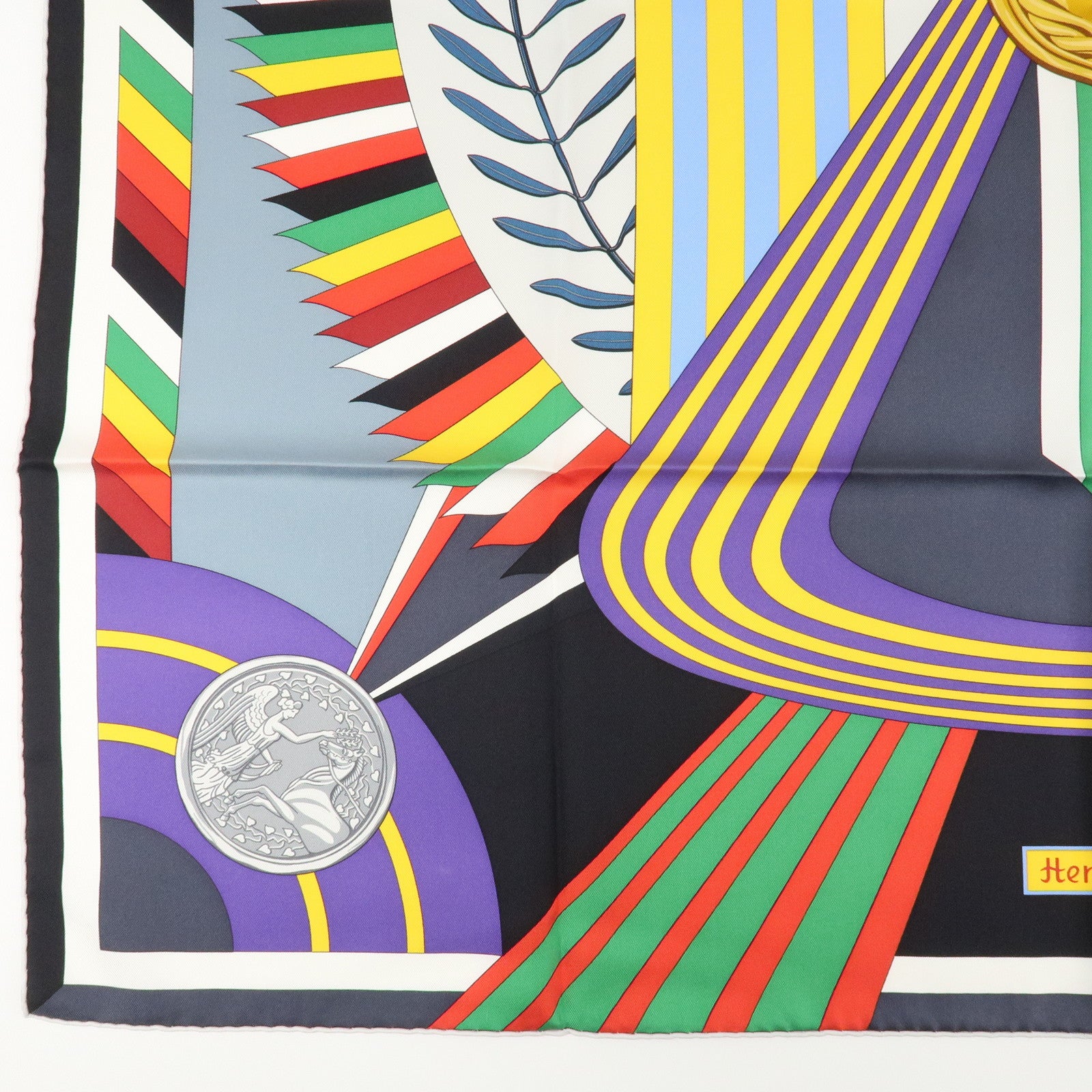 HERMES Carre 90 Silk 100% Scarf LES JEUX D'HERMES Black Used