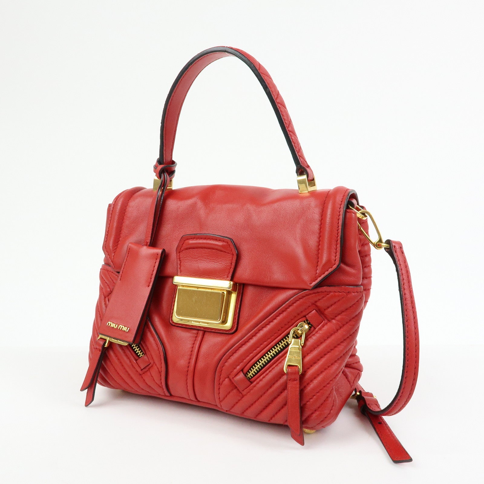 MIU MIU Leather 2Way Bag Hand Bag Shoulder Bag Crossbody Bag Red