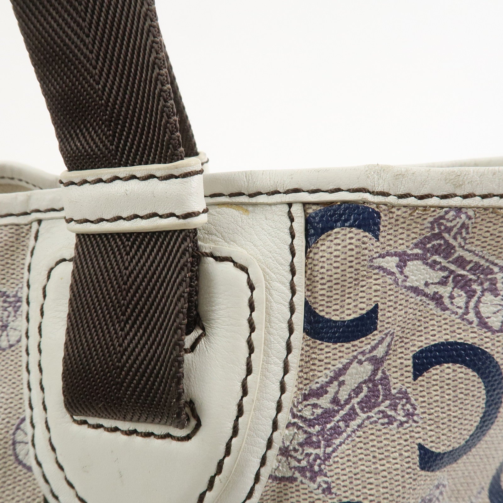 CELINE C Macadam PVC Canvas Leather Tote Bag Hand Bag Ivory Black