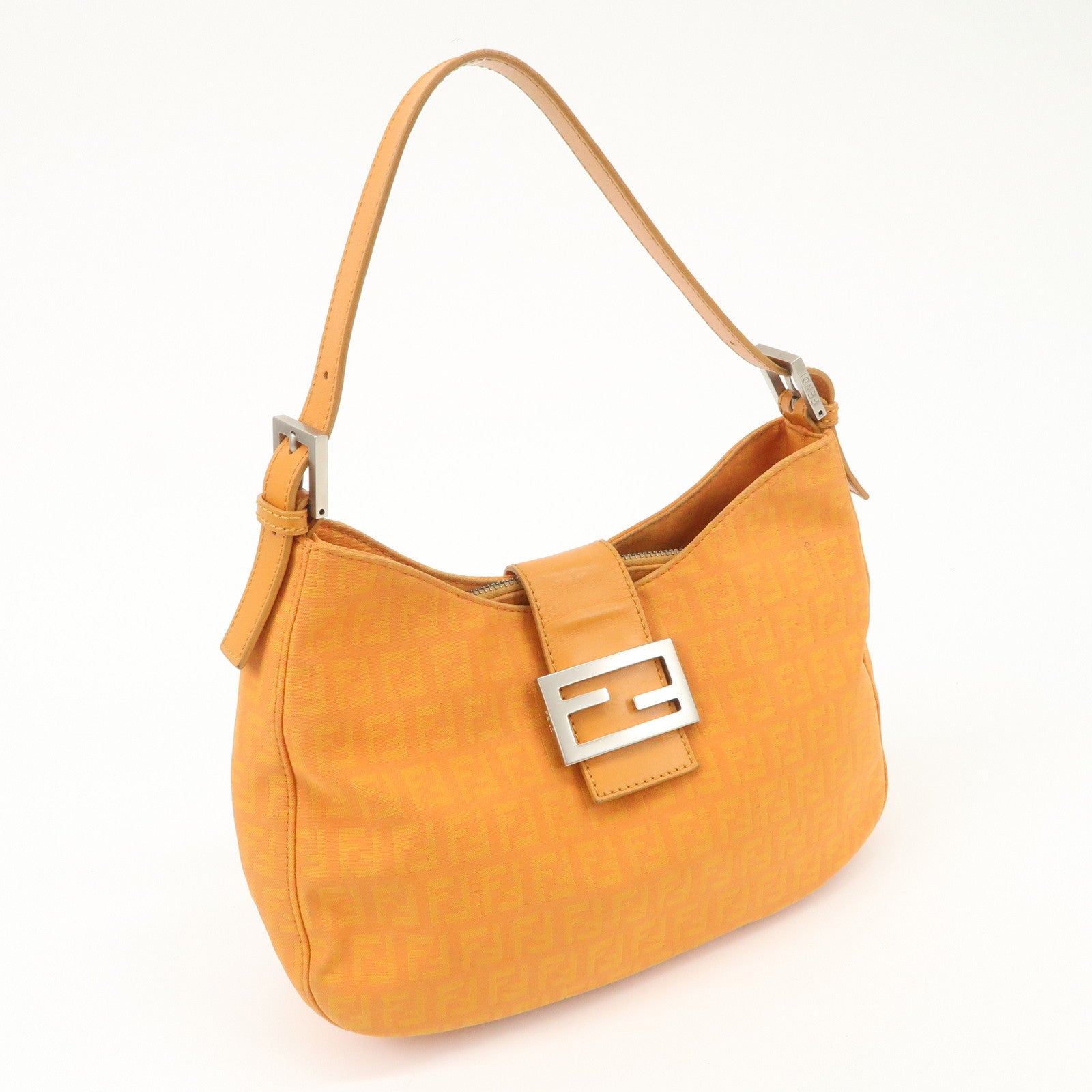 FENDI Zucchino Canvas Leather Shoulder Bag Hand Bag Orange 8BR036 Used