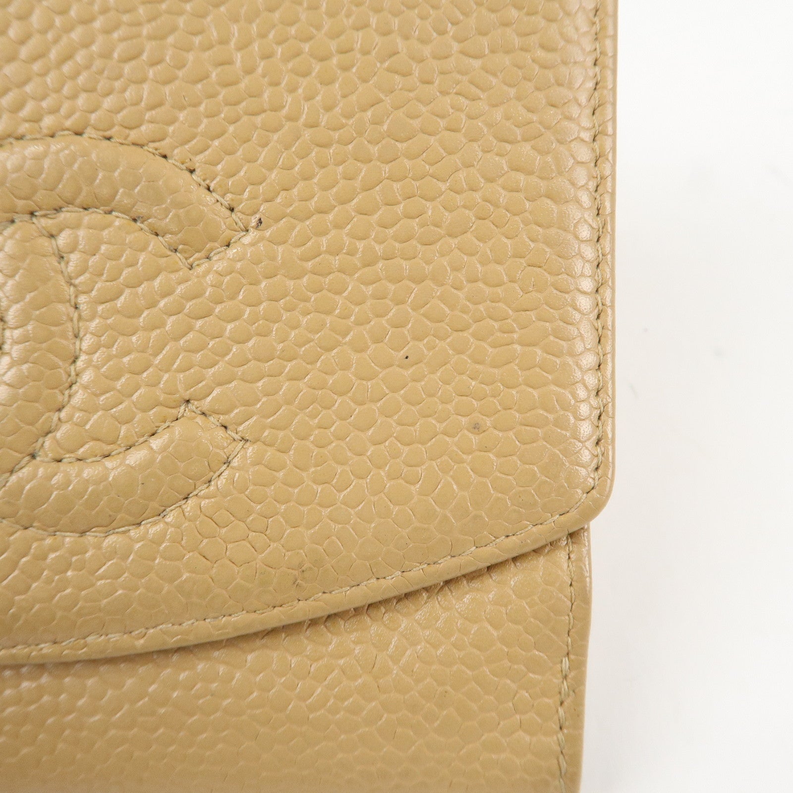 CHANEL COCO Mark Caviarskin W Hook Bi-fold Wallet Beige Used