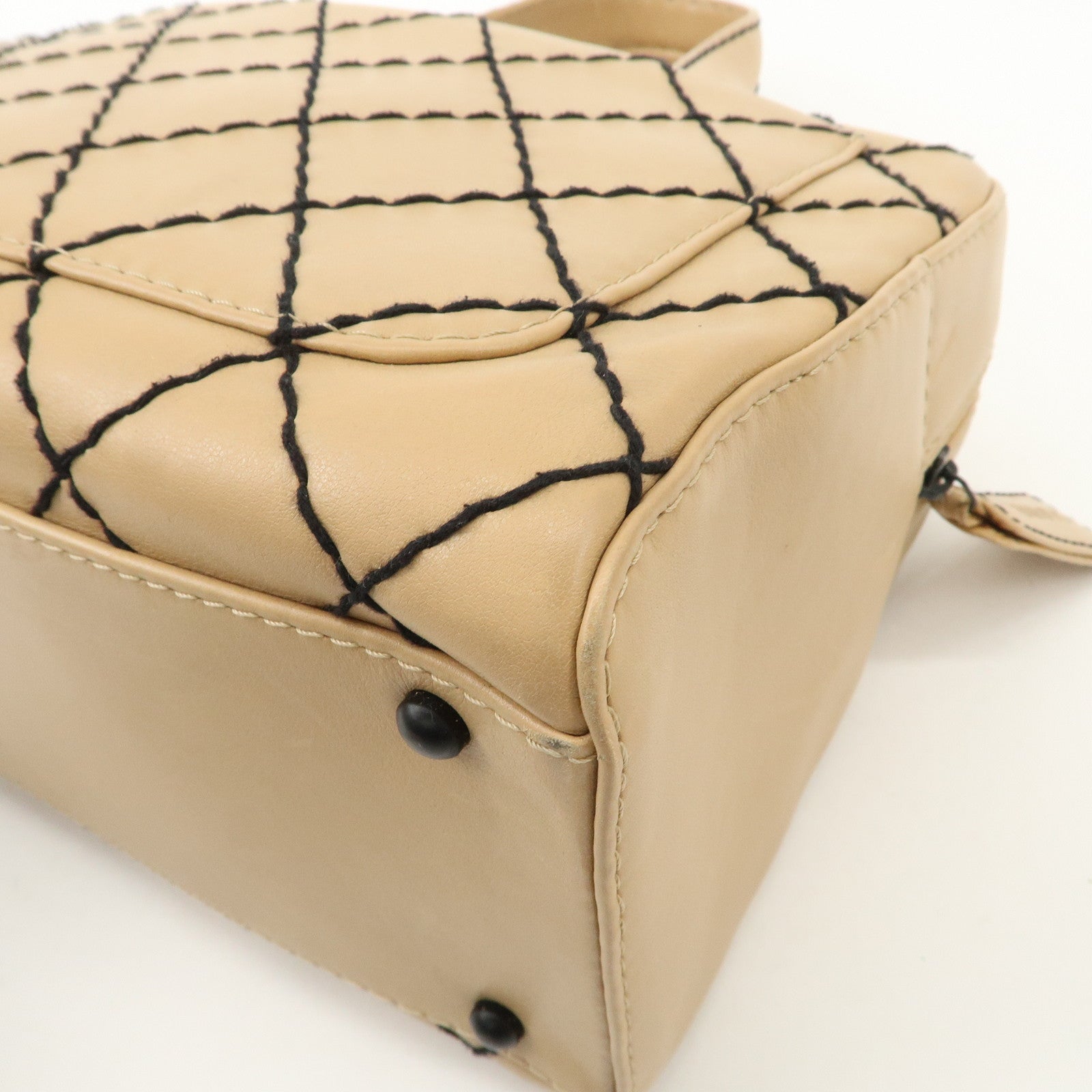 CHANEL Wild Stitch Calf Skin Coco Mark Hand Bag Beige A14692 Used