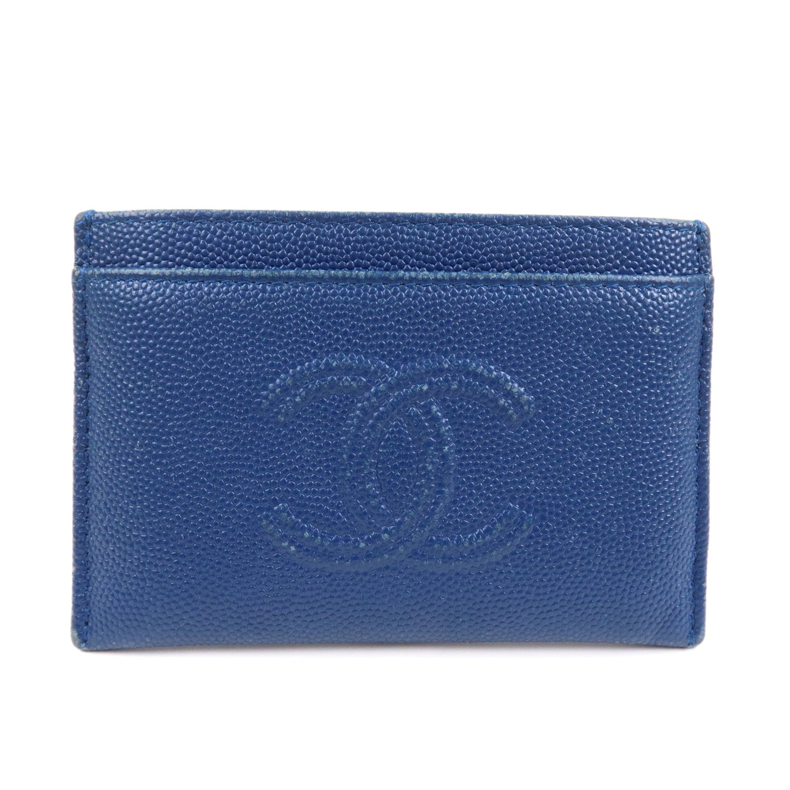 CHANEL Logo Caviarskin Leather Card Case Card Holder Blue
