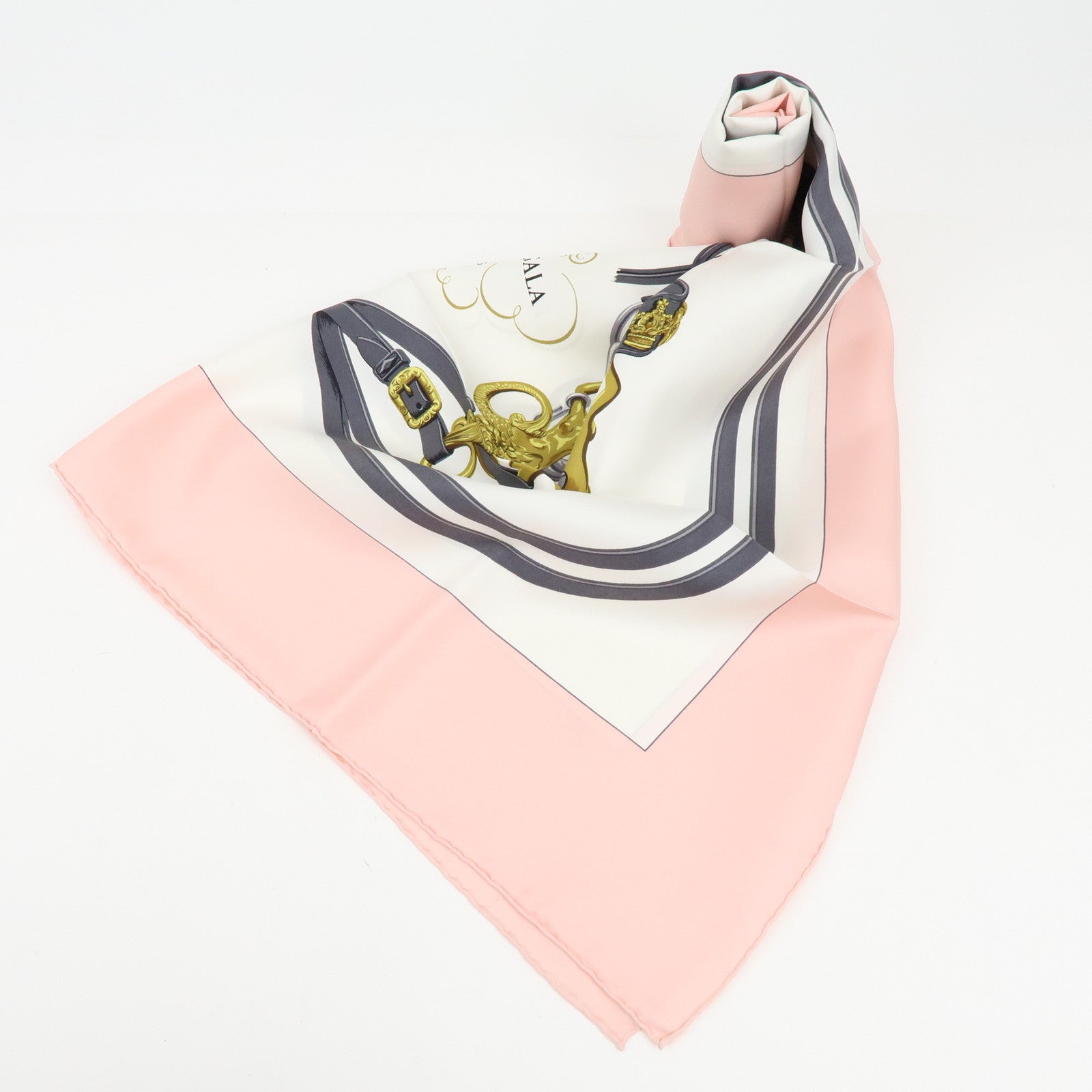 HERMES Carre 90 Silk 100% Scarf BRIDES DE GALA Light Pink Gray Gold