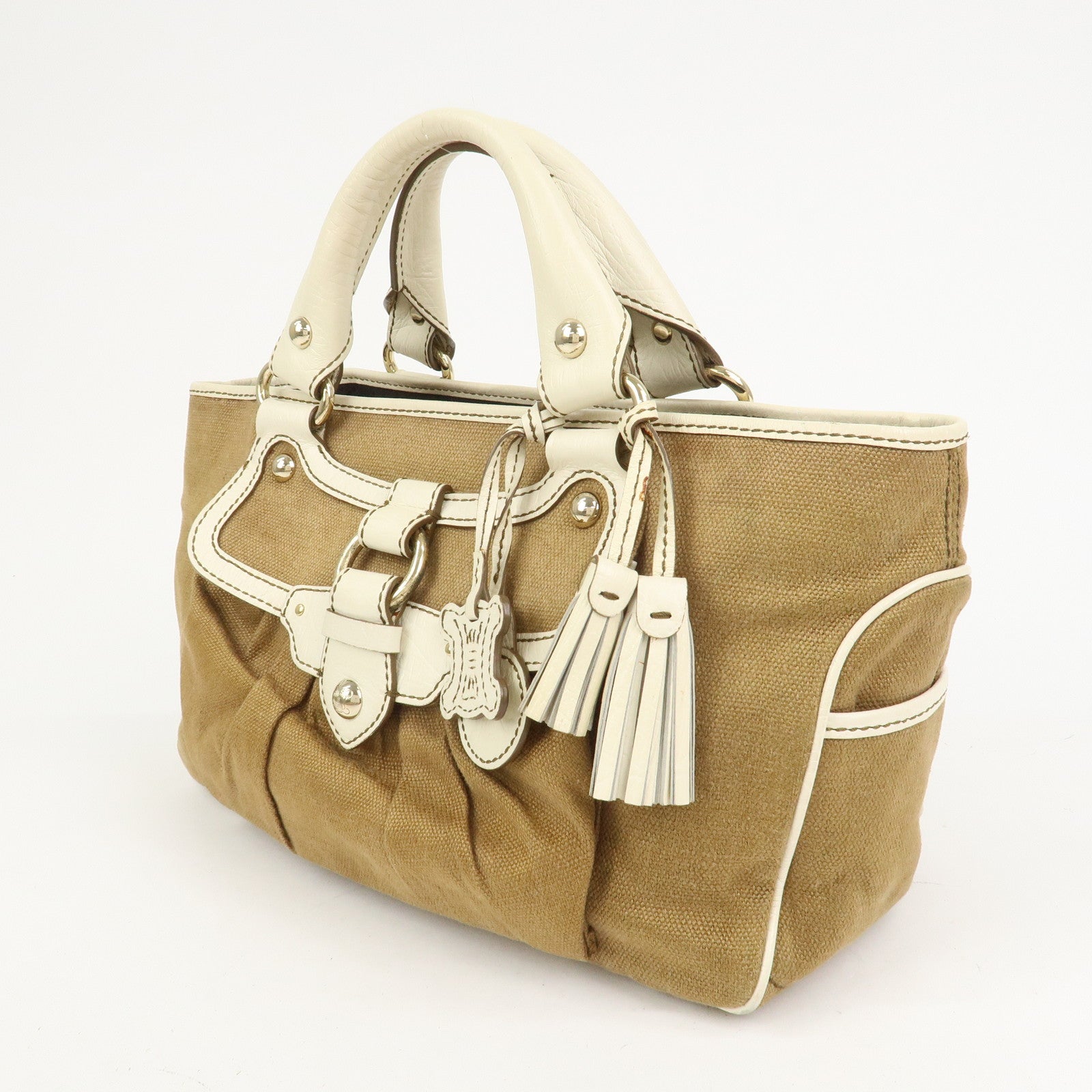CELINE Canvas Leather Boogie Bag Hand Bag Macadam Motif Brown Ivory