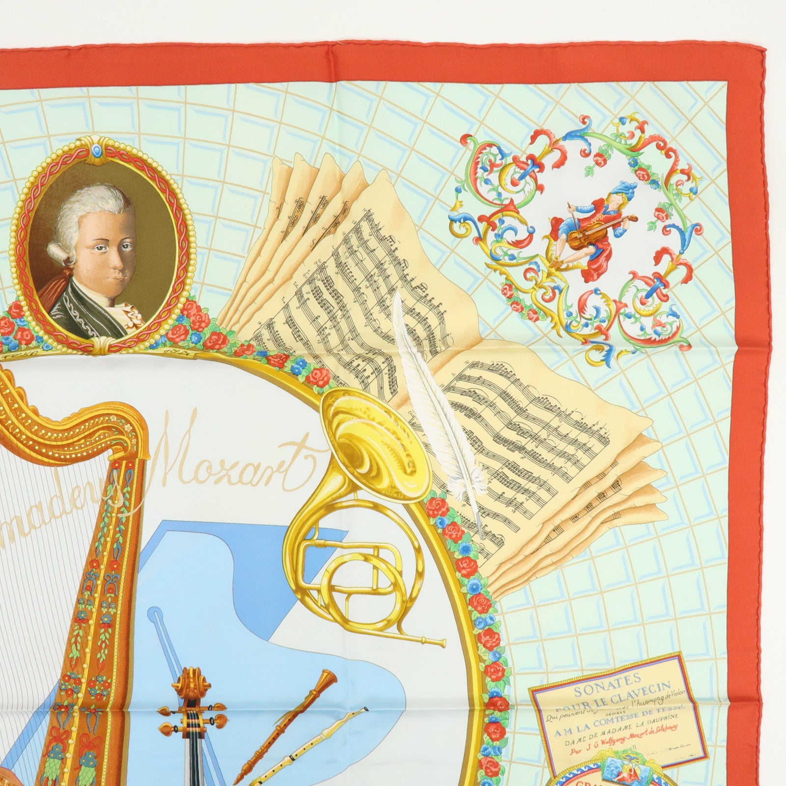 HERMES Carre 90 Silk 100% Scarf Wolfgang Amadeus Mozart Red Brown