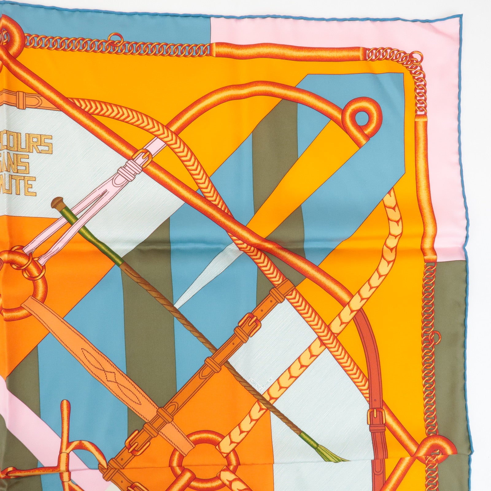HERMES Carre 90 Silk 100% Scarf PARCOURS SANS FAUTE Orange Blue Used
