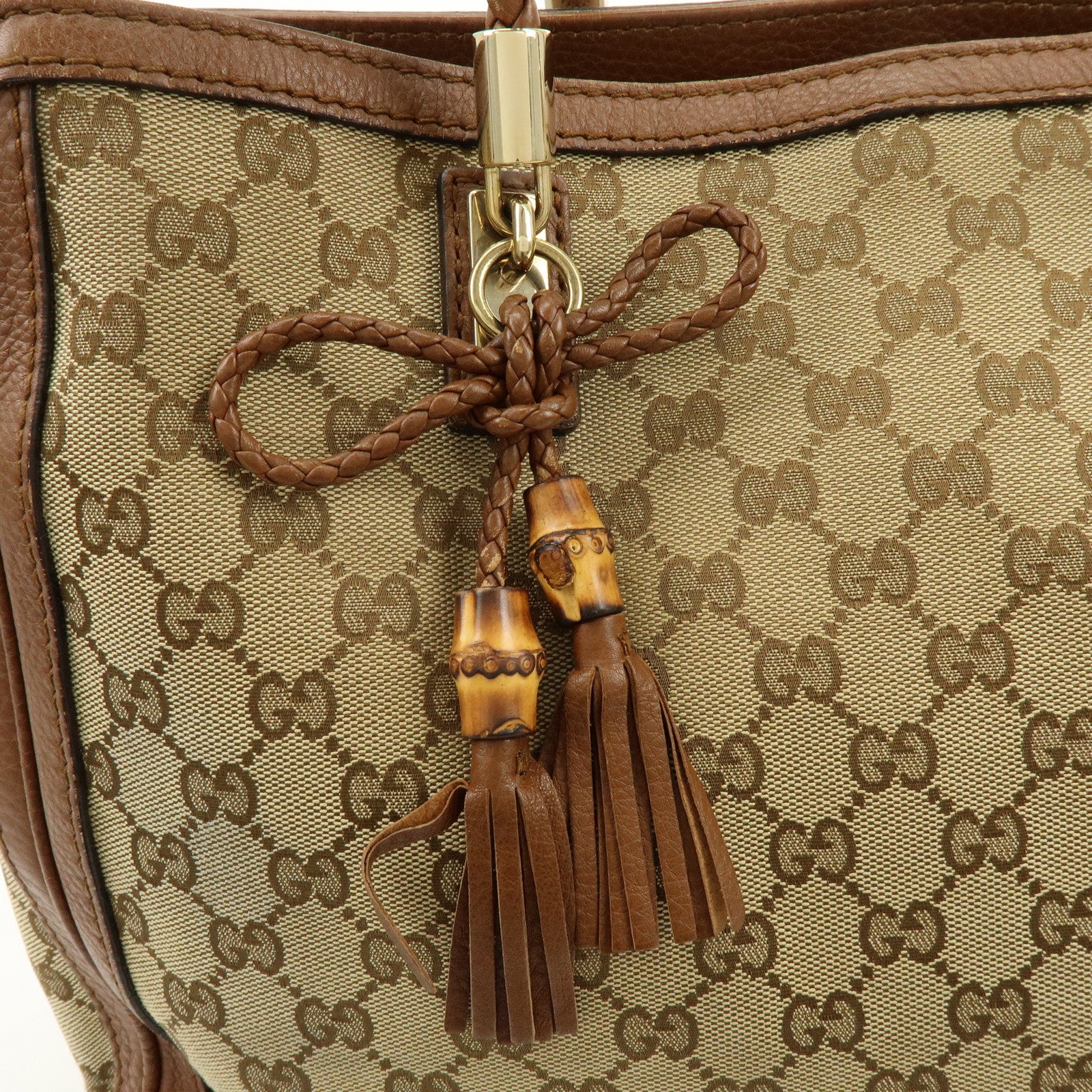 GUCCI Bamboo GG Canvas Leather Tote Bag Hand Bag Brown 269945