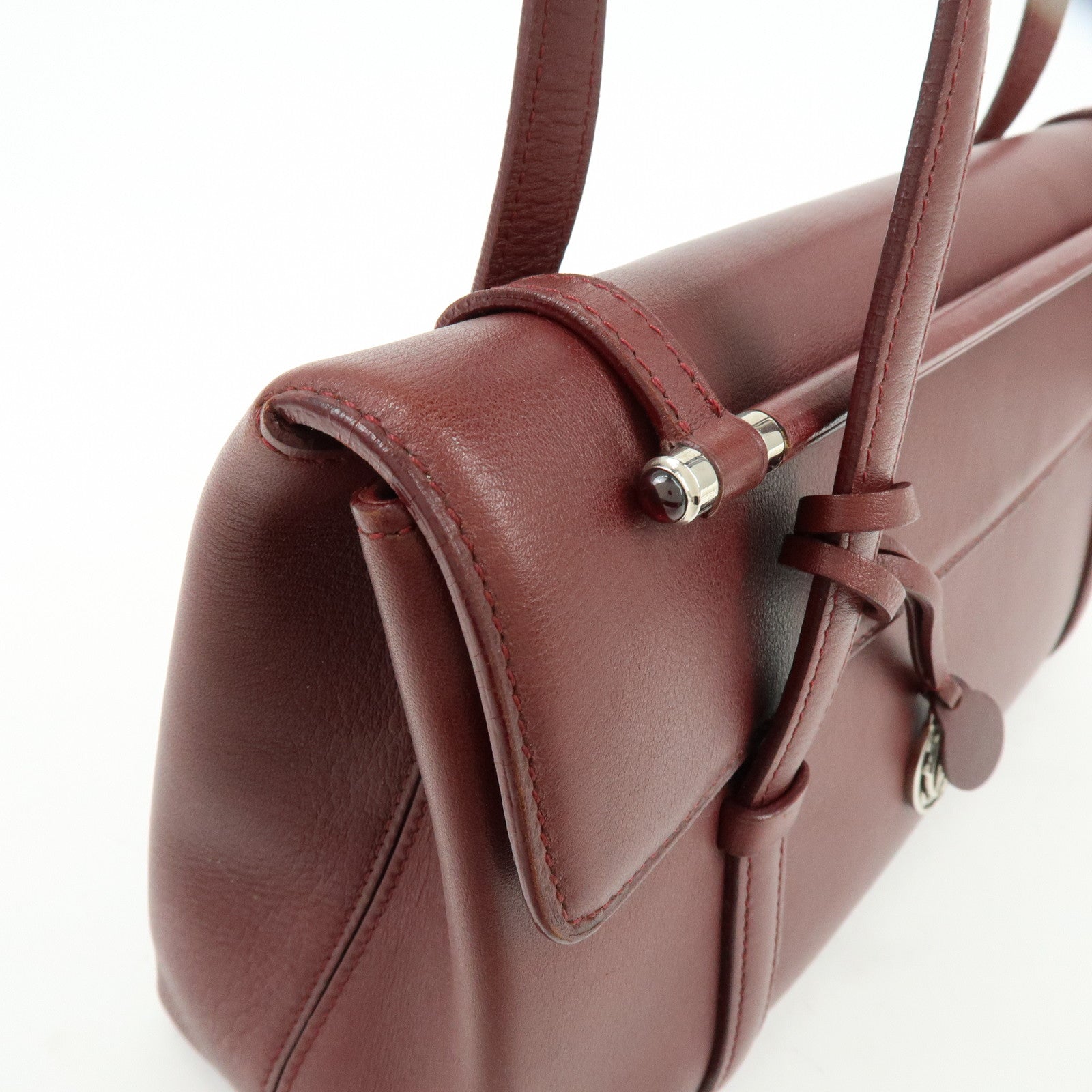 Cartier Cabochon Leather Hand Bag Tote Bag Wine Red