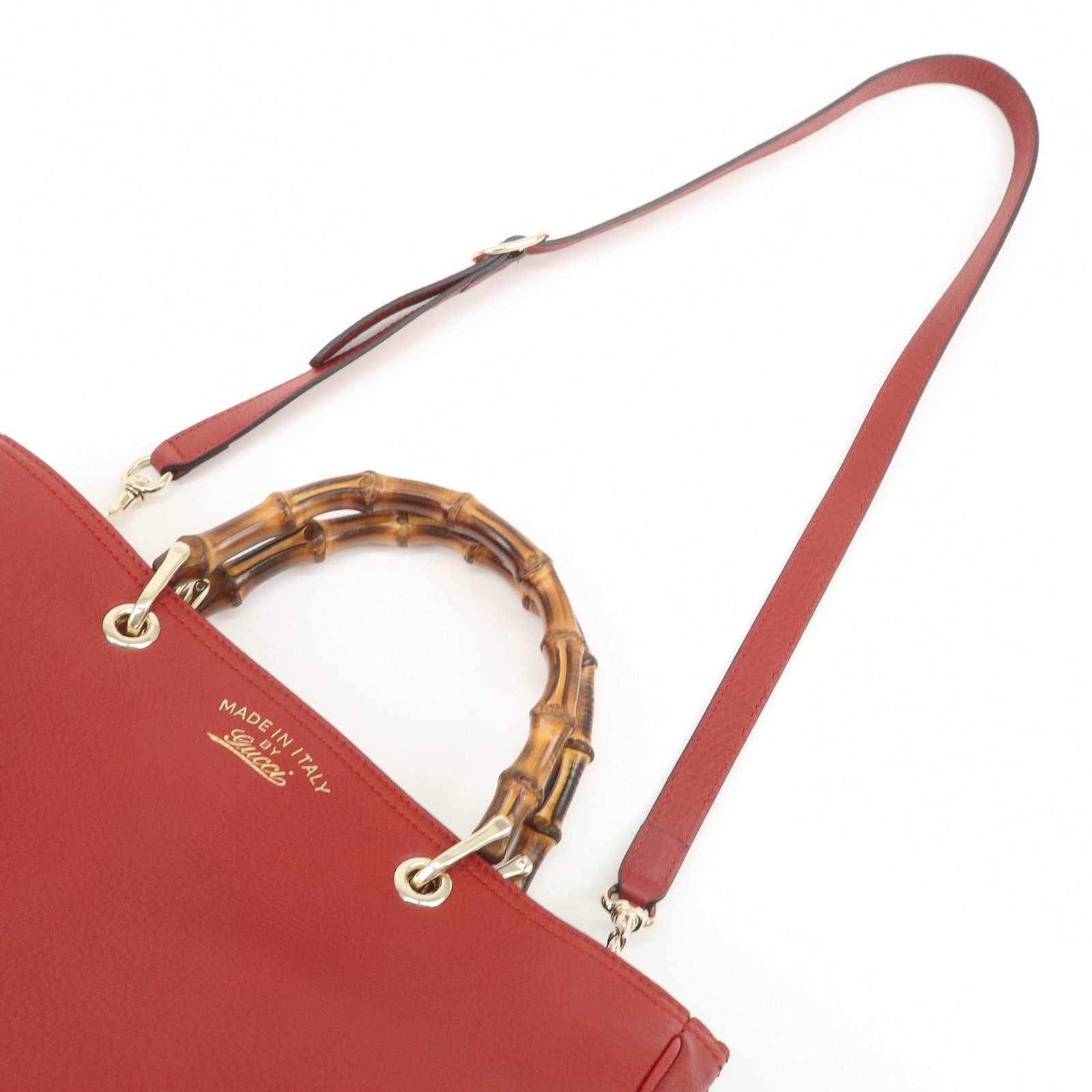 GUCCI Bamboo Shopper Medium 2Way Shoulder Hand Bag Red 323660
