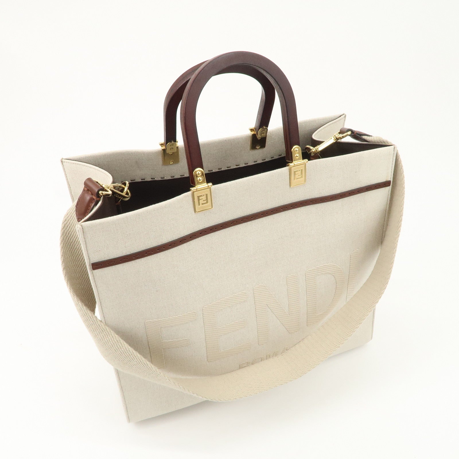 FENDI Leather Canvas Sunshine Medium Tote Bag Natural 8BH386