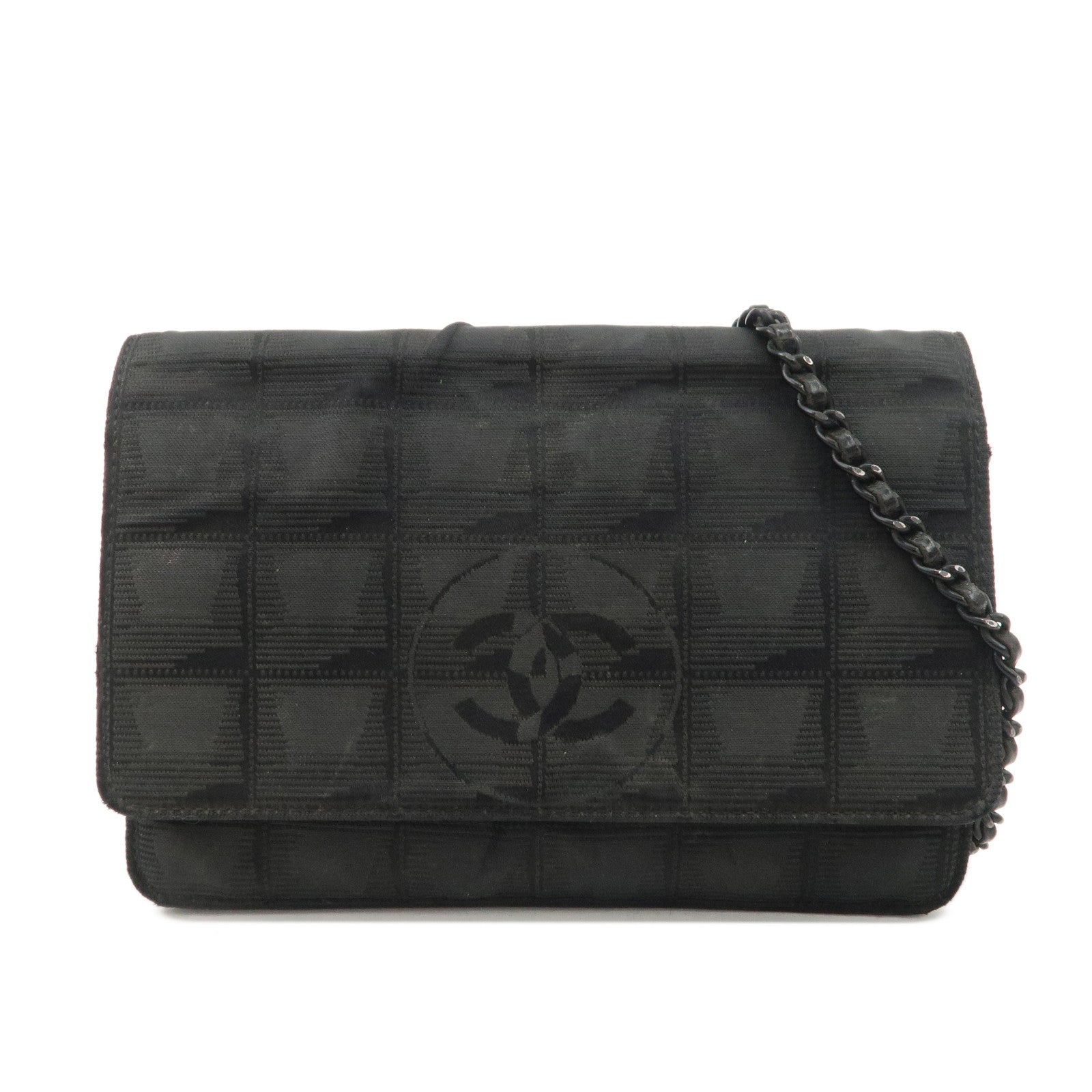 Chanel New Travel Line Nylon Jacquard Leather Chain Wallet Black A15772 Used