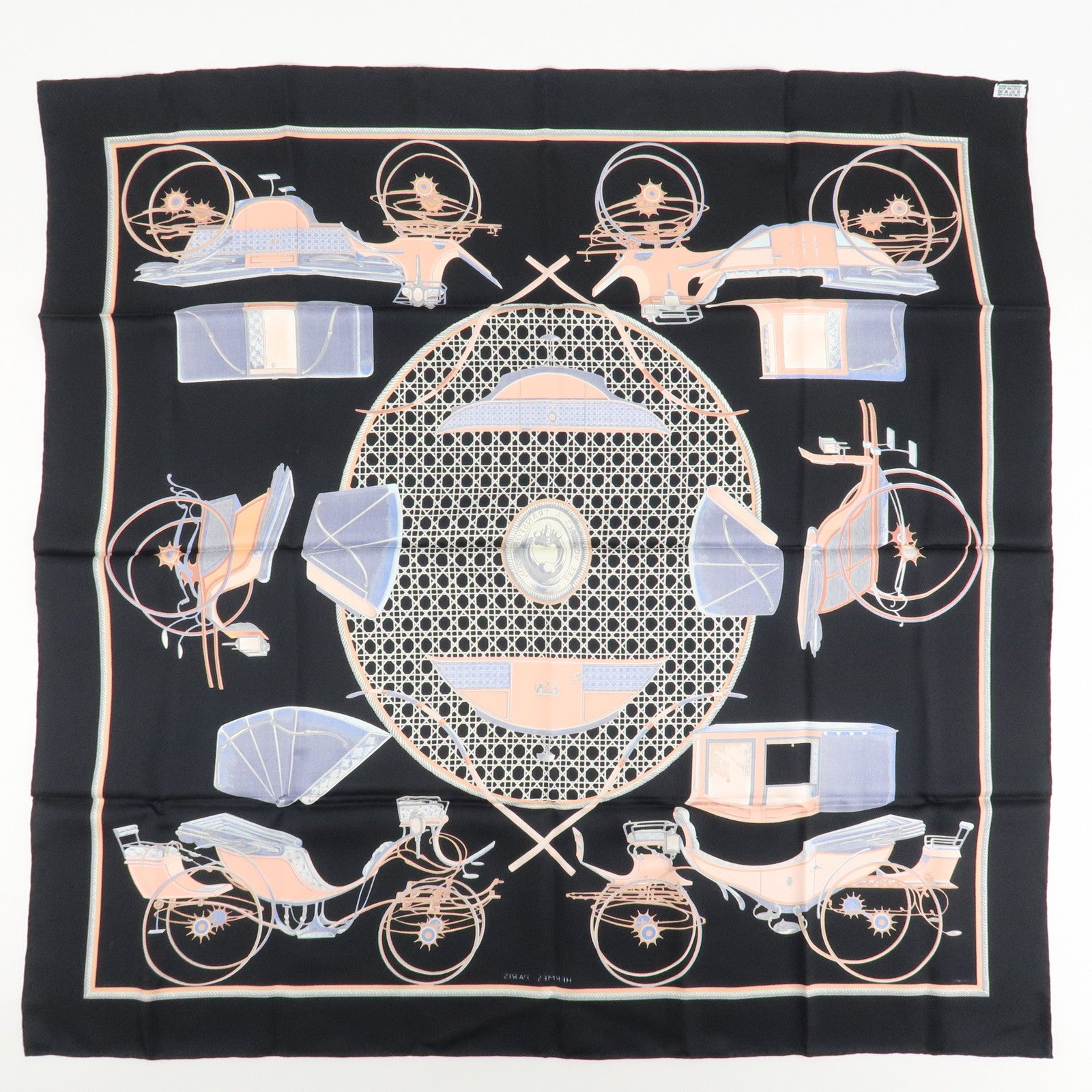 HERMES Carre 90 Silk 100% Scarf CAVALIERS FEULS Knight Print Navy Used