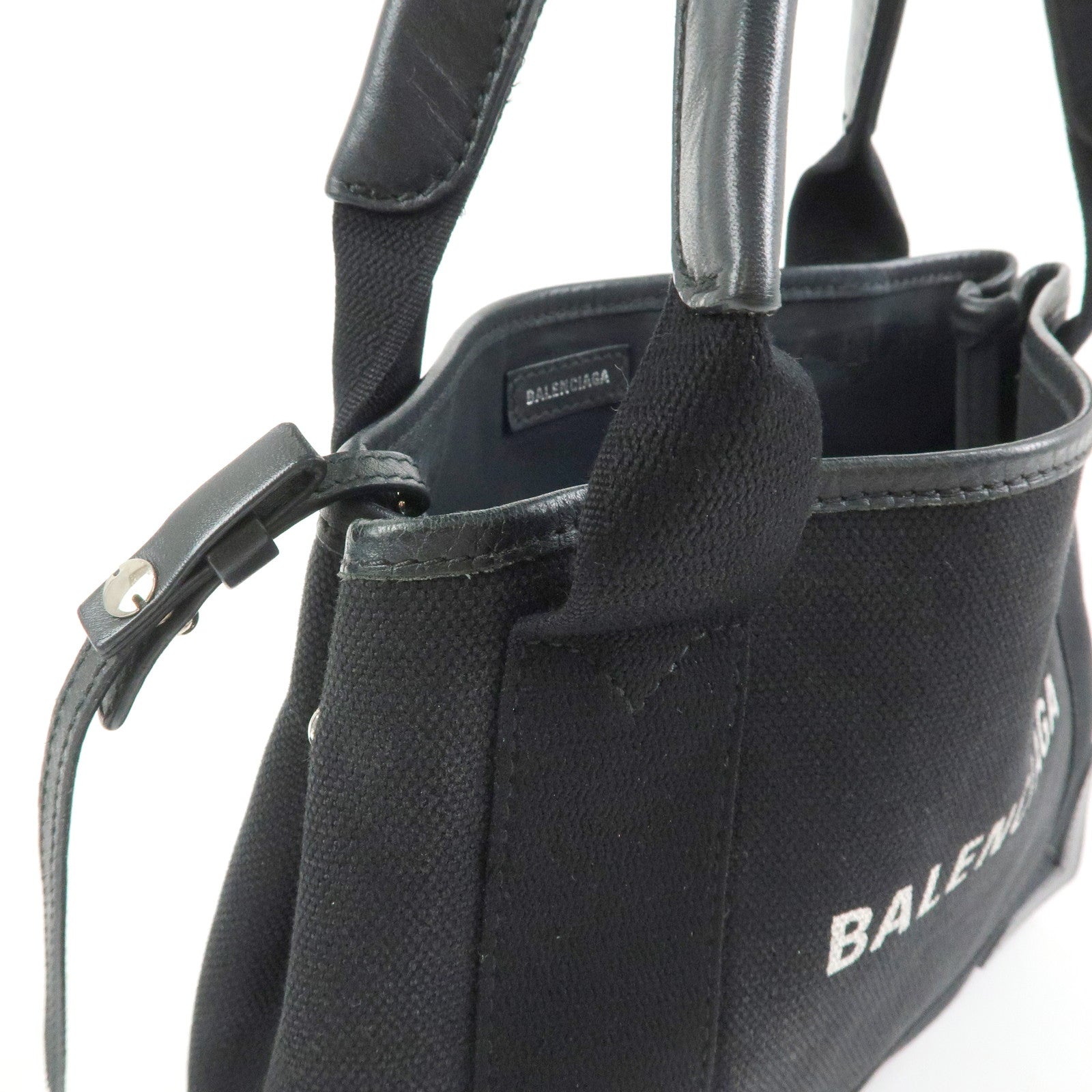 BALENCIAGA Navy Cabas XS Canvas Leather 2Way Bag Black 390346
