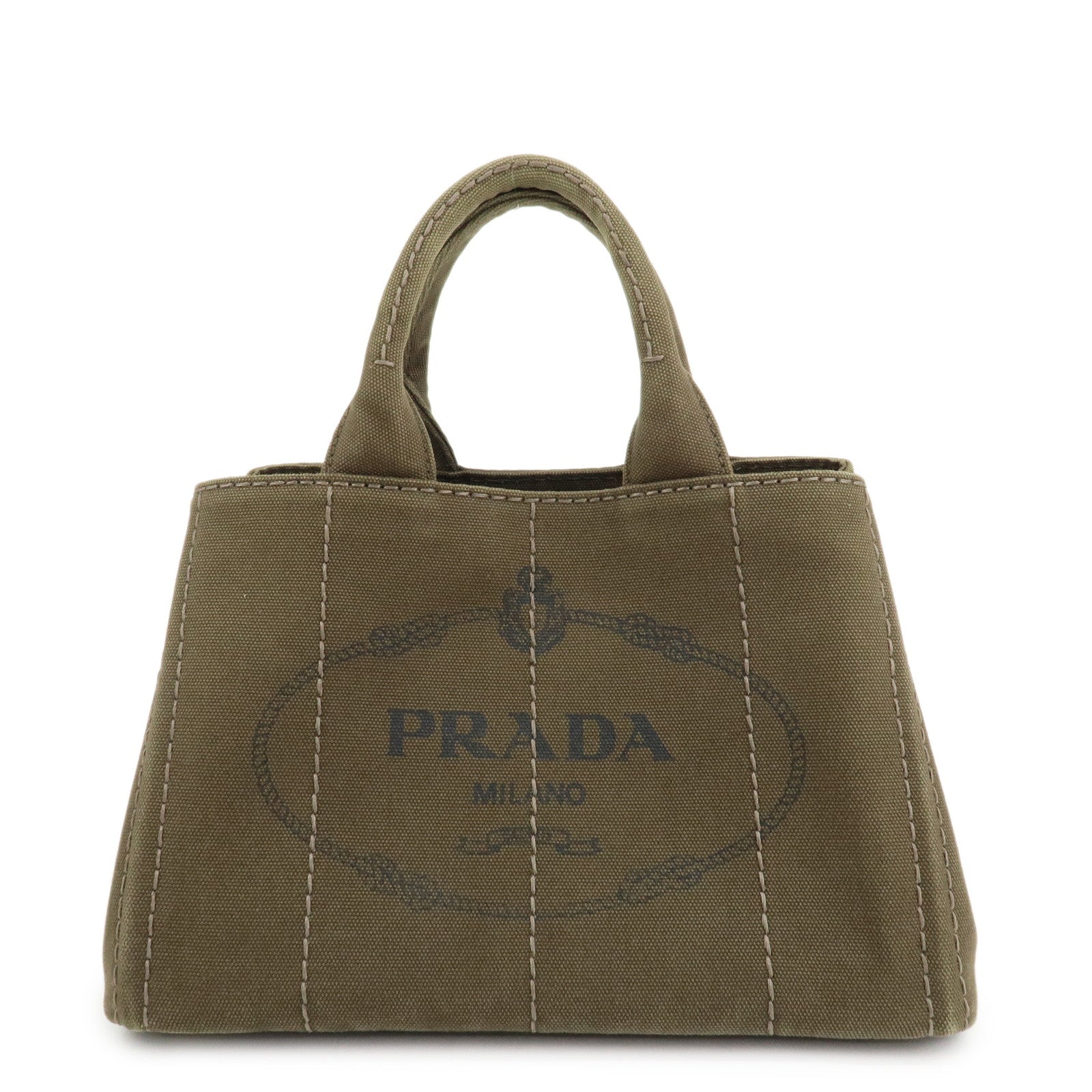 PRADA Logo Canapa Mini Canvas Tote Bag Hand Bag Khaki BN2439