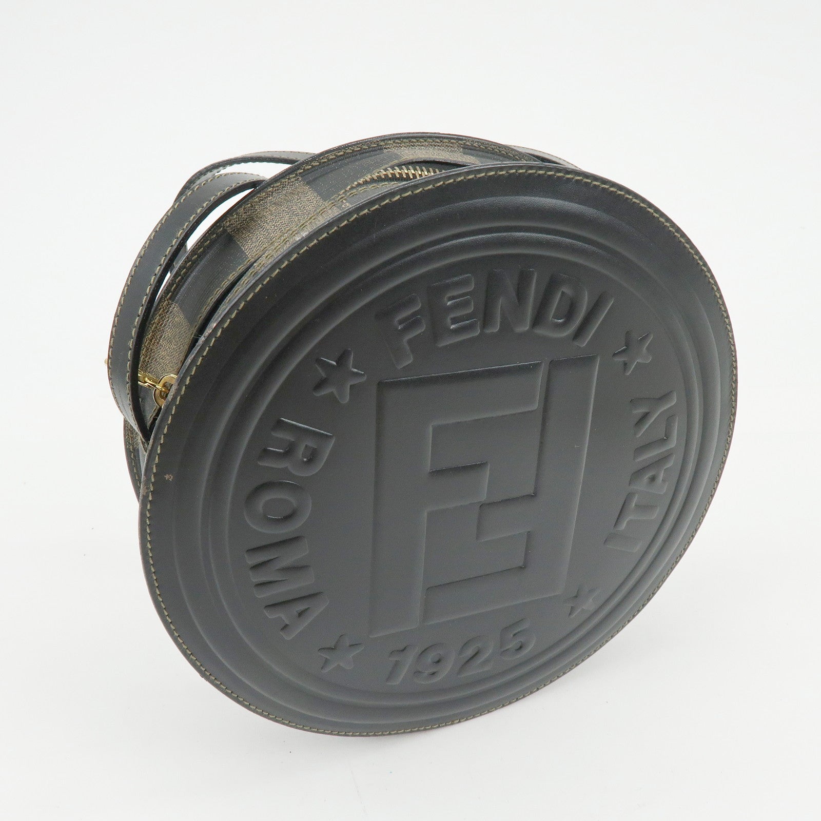 FENDI Leather PVC Round Shoulder Bag Checker Pattern Black Brown