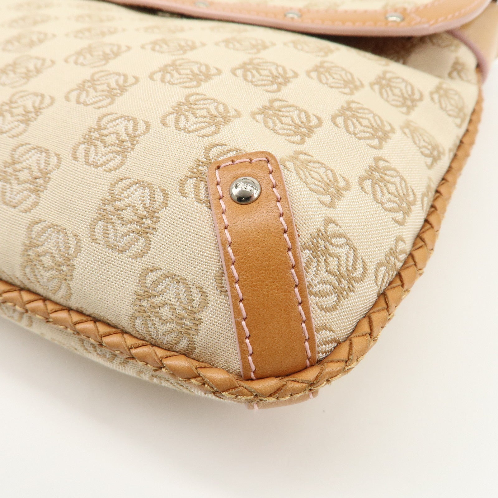 LOEWE Repeat Anagram Leather Canvas Chain Shoulder Bag Beige Brown Used