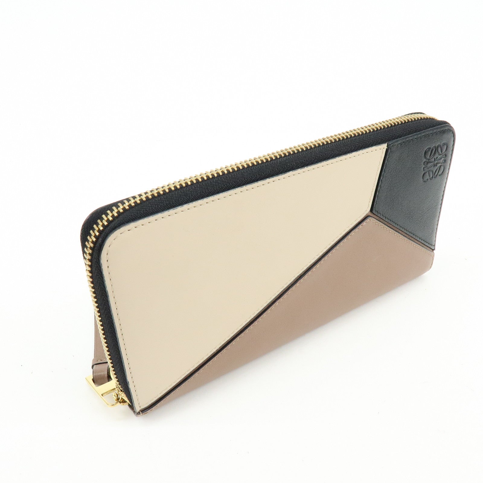 LOEWE Puzzle Calfskin Zippy Long Wallet Brown Beige Black
