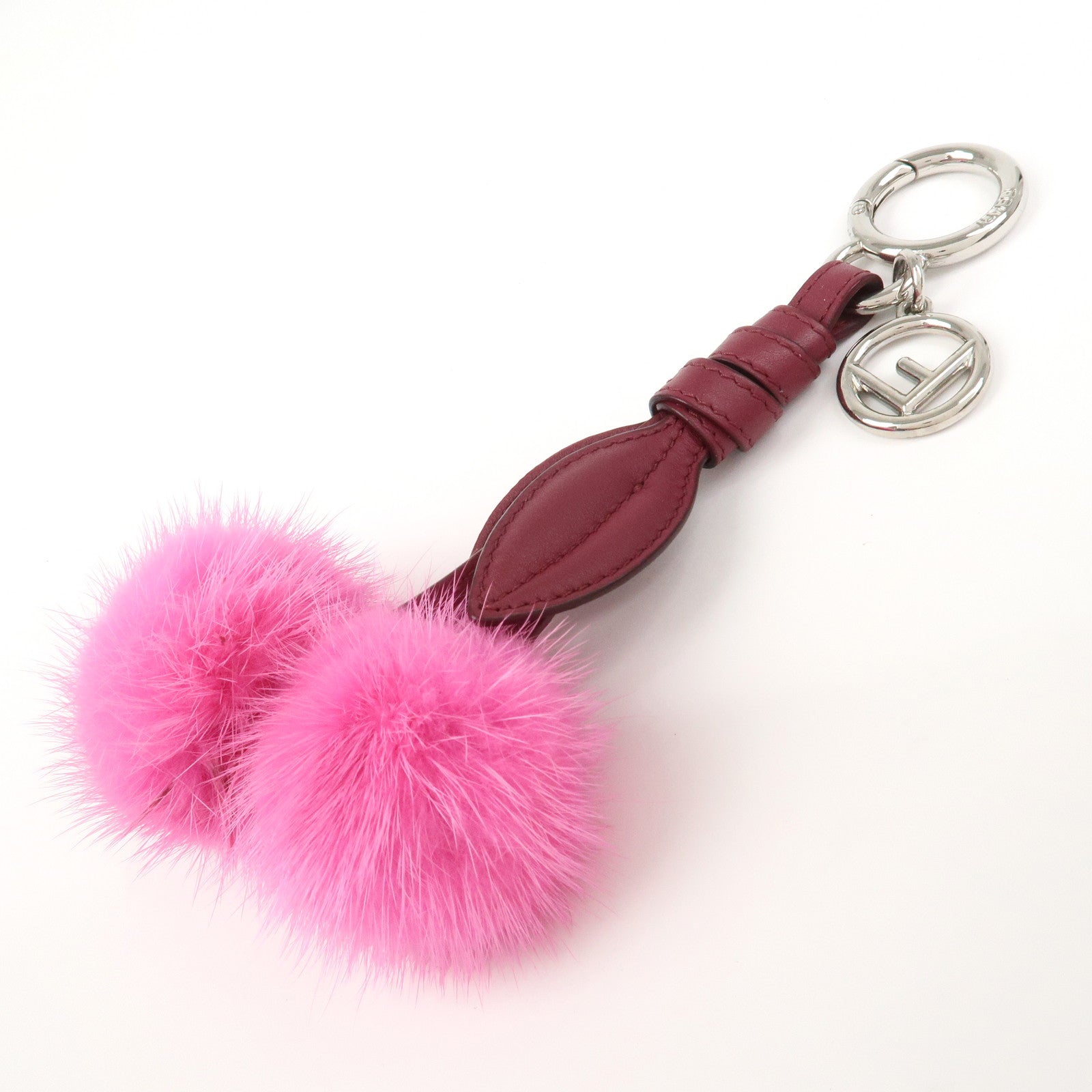 FENDI Logo Leather Fur Bag Charm Key Holder Pink 7AR642