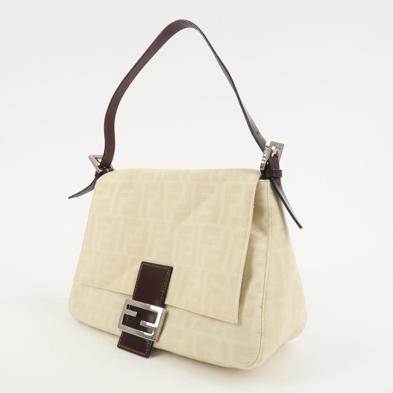 FENDI Mamma Baguette Canvas Leather Shoulder Bag Ivory 26325