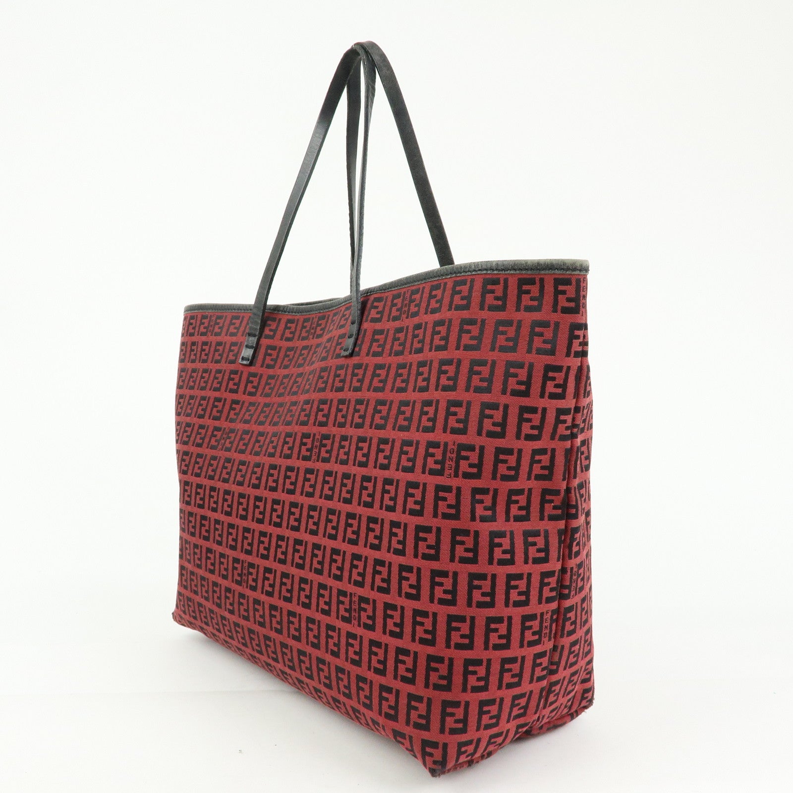 FENDI Zucchino Canvas Leather Tote Bag Hand Bag Red Black 8BH005