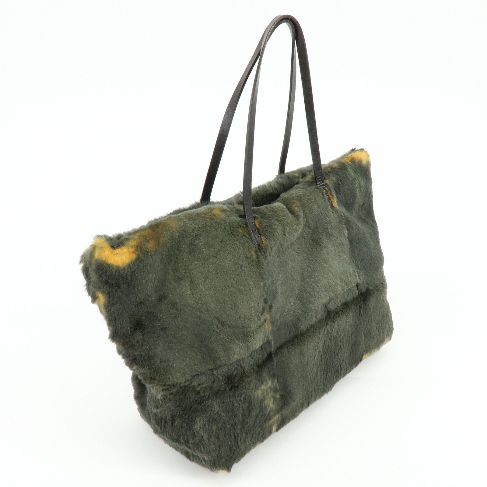 FENDI Fur Leather Tote Bag Hand Bag Brown Yellow 8BH005