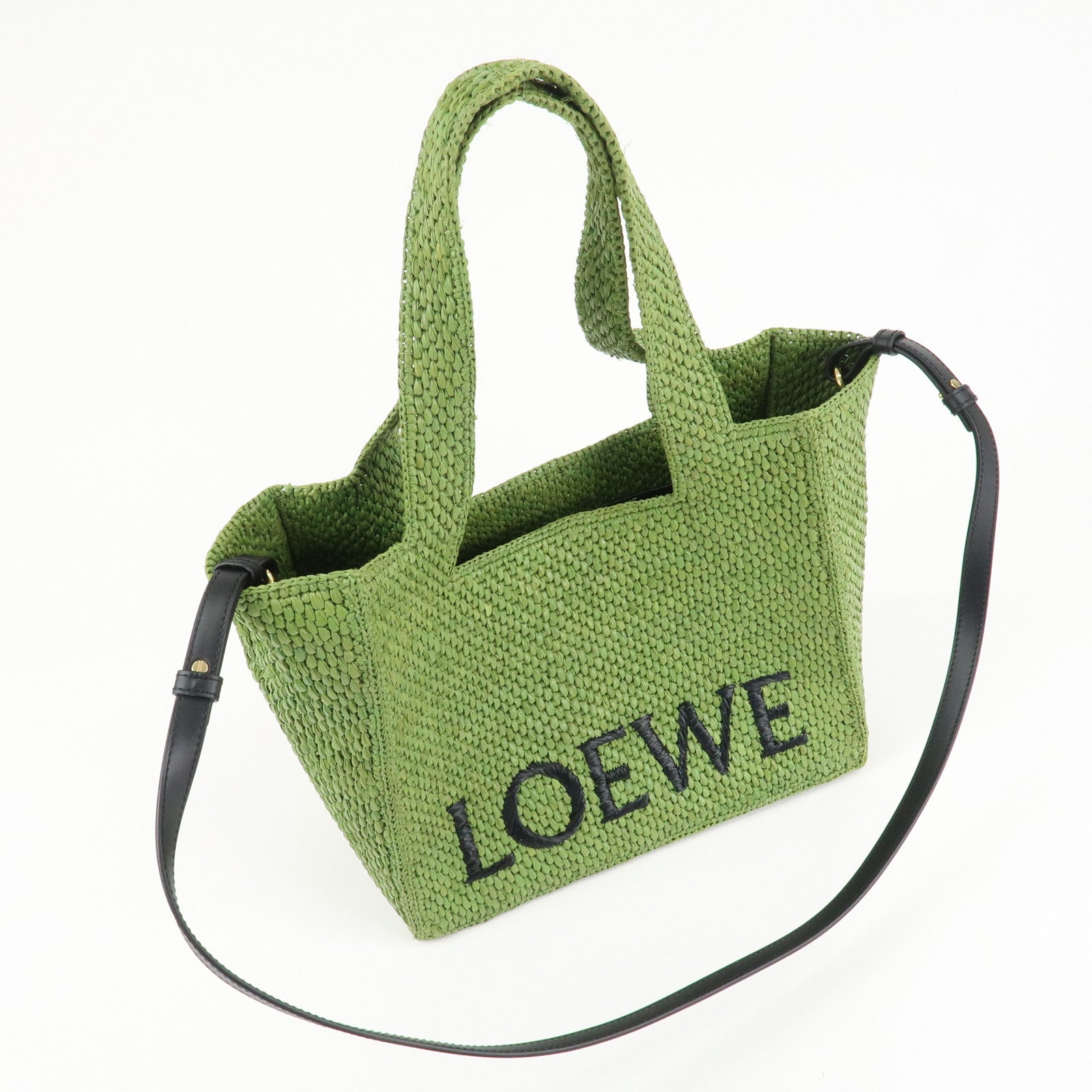 LOEWE Leather Raffia Logo 2Way Tote Bag Shoulder Bag Green Used