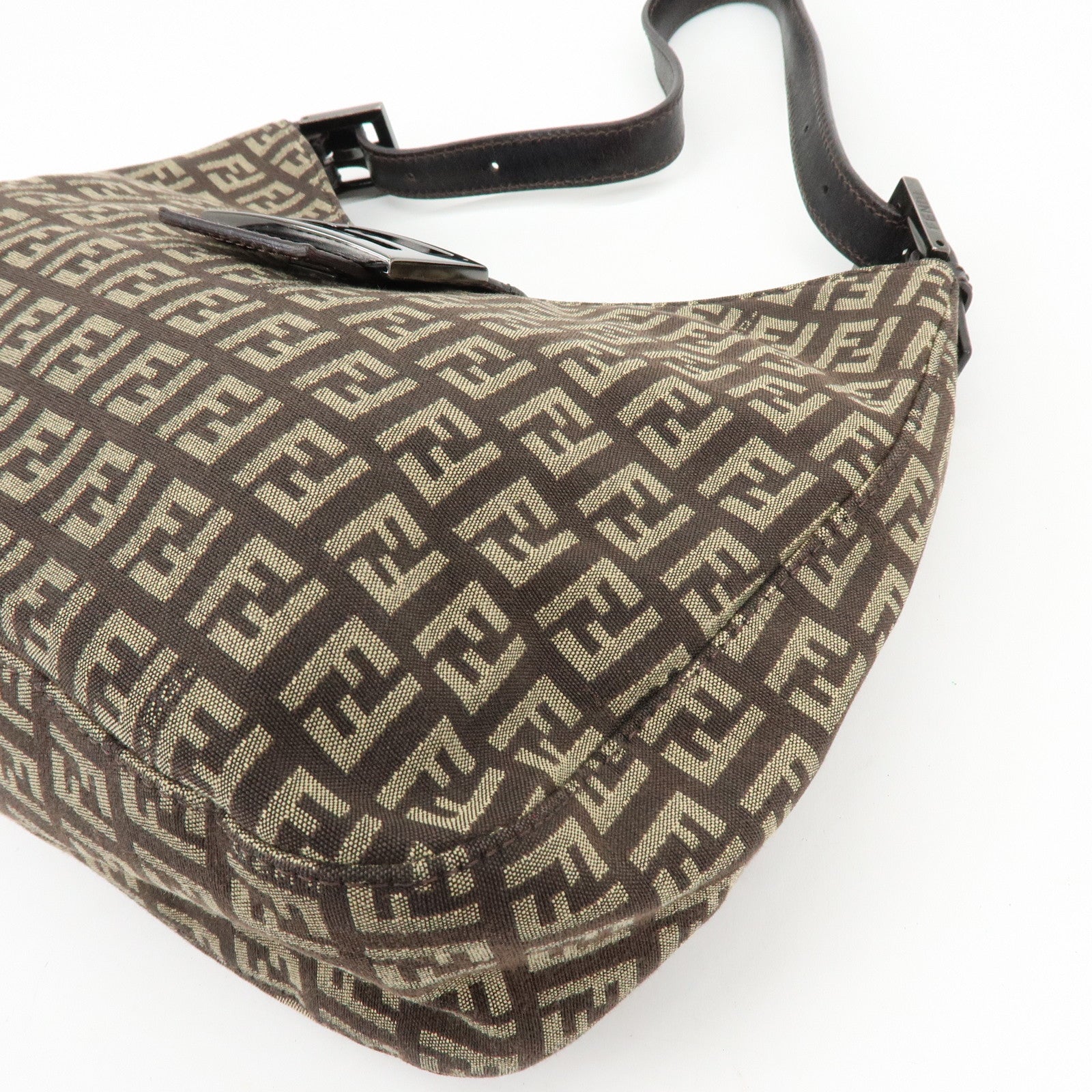 FENDI Zucchino Canvas Leather Shoulder Bag Brown 8BR036