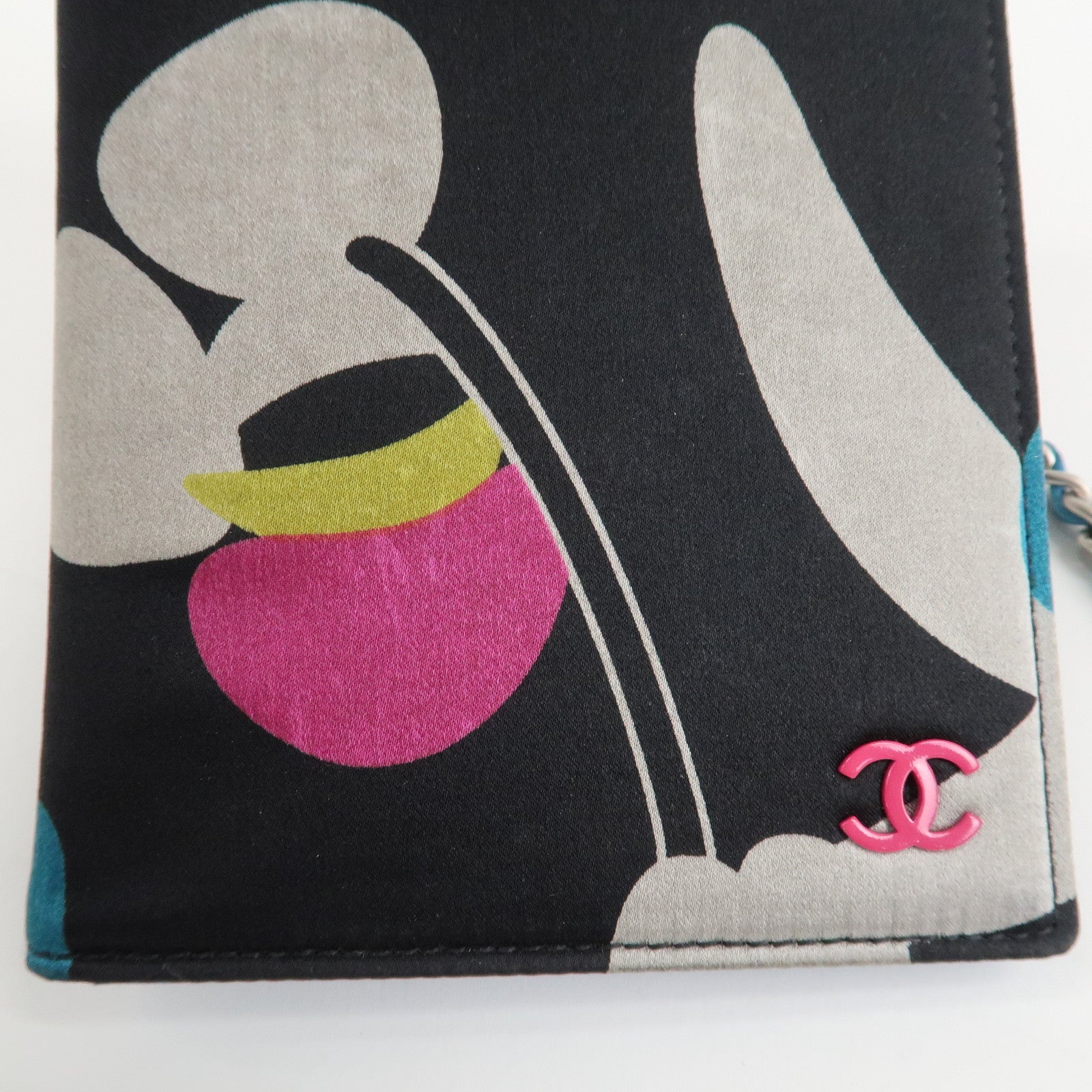 CHANEL Canvas Leather Chain Passport Case Black Multicolor