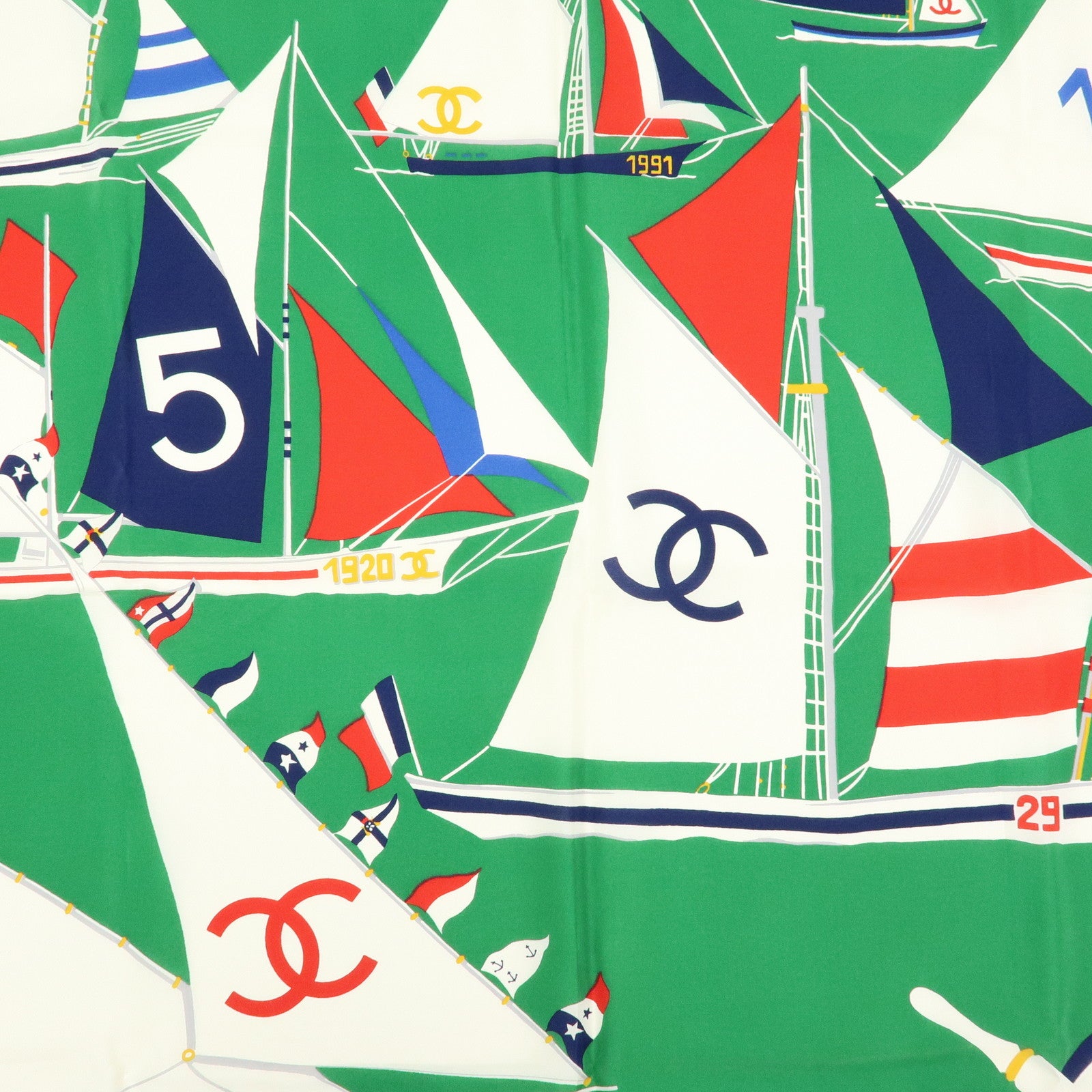 CHANEL COCO Mark Silk100% Scarf Green Navy White Red