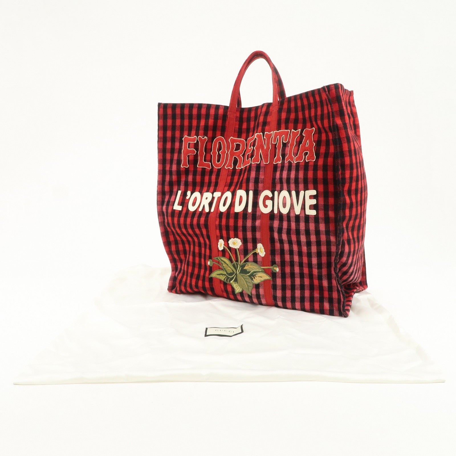 GUCCI Canvas Tote Bag Hand Bag Flower Plaid Red 484690