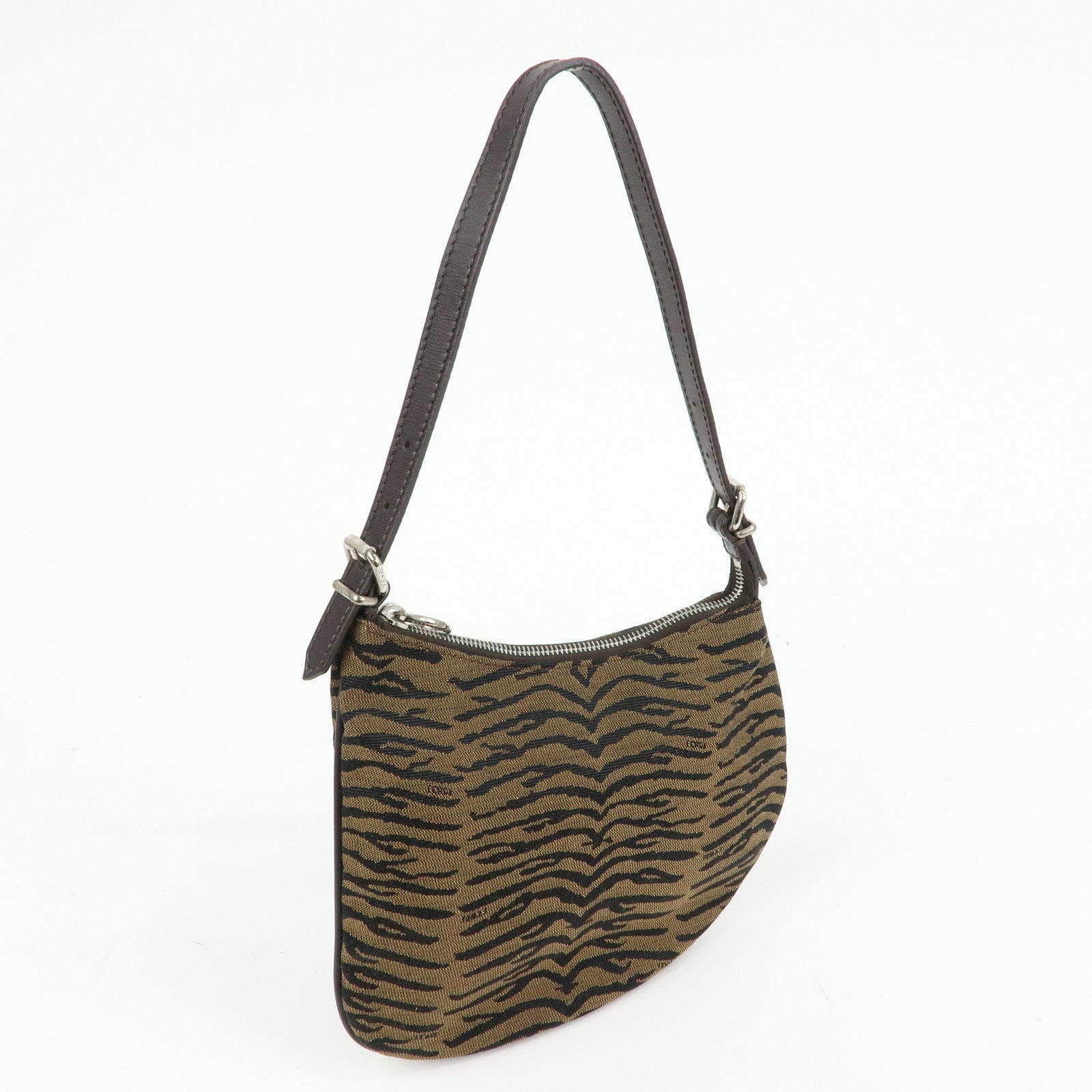 FENDI Canvas Leather Shoulder Bag Leopard Brown Black 8BR248