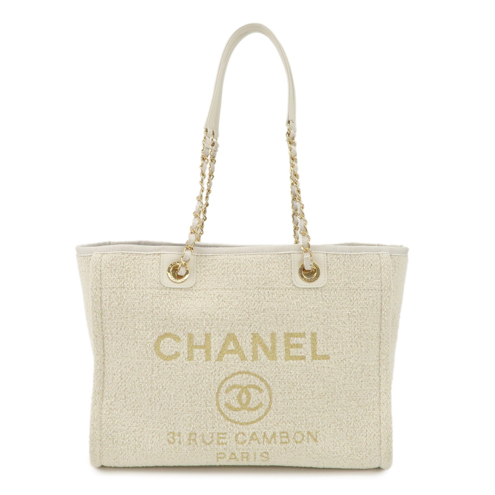 CHANEL Leather Tweed Deauville MM Shoulder Bag Tote Bag Ivory