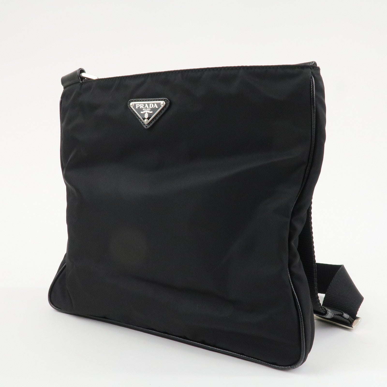 PRADA Triangle Logo Nylon Leather Shoulder Bag Silver HDW Black Used