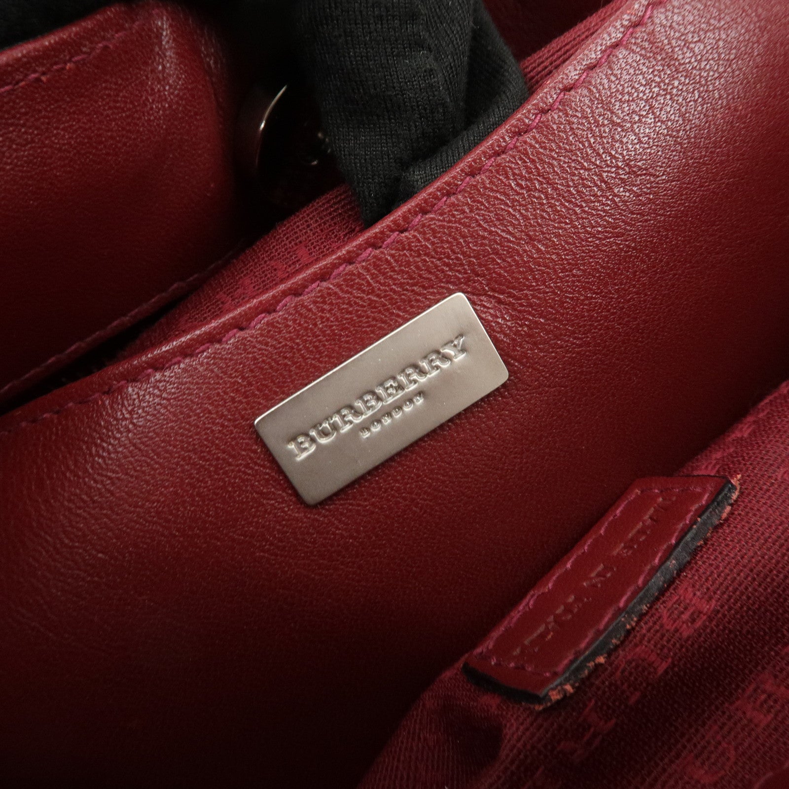 BURBERRY Wool Leather Hand Bag Plaid Wine Red Beige