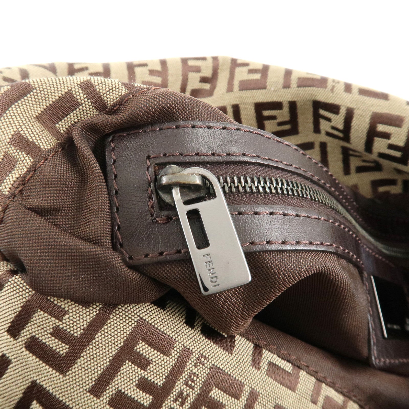 FENDI Mamma Baguette Zucchino Canvas Leather Hand Bag Brown 8BR003 Used