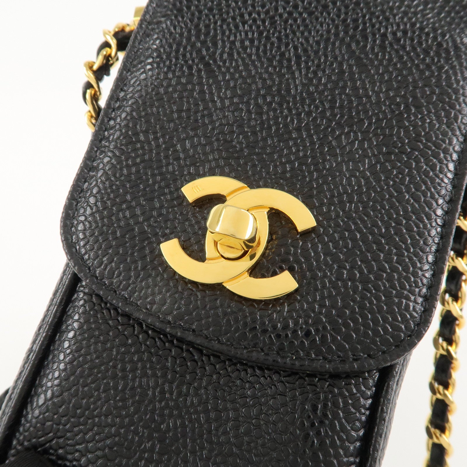 CHANEL COCO Mark Leather Chain Phone Shoulder Black Gold HDW3513453 Used