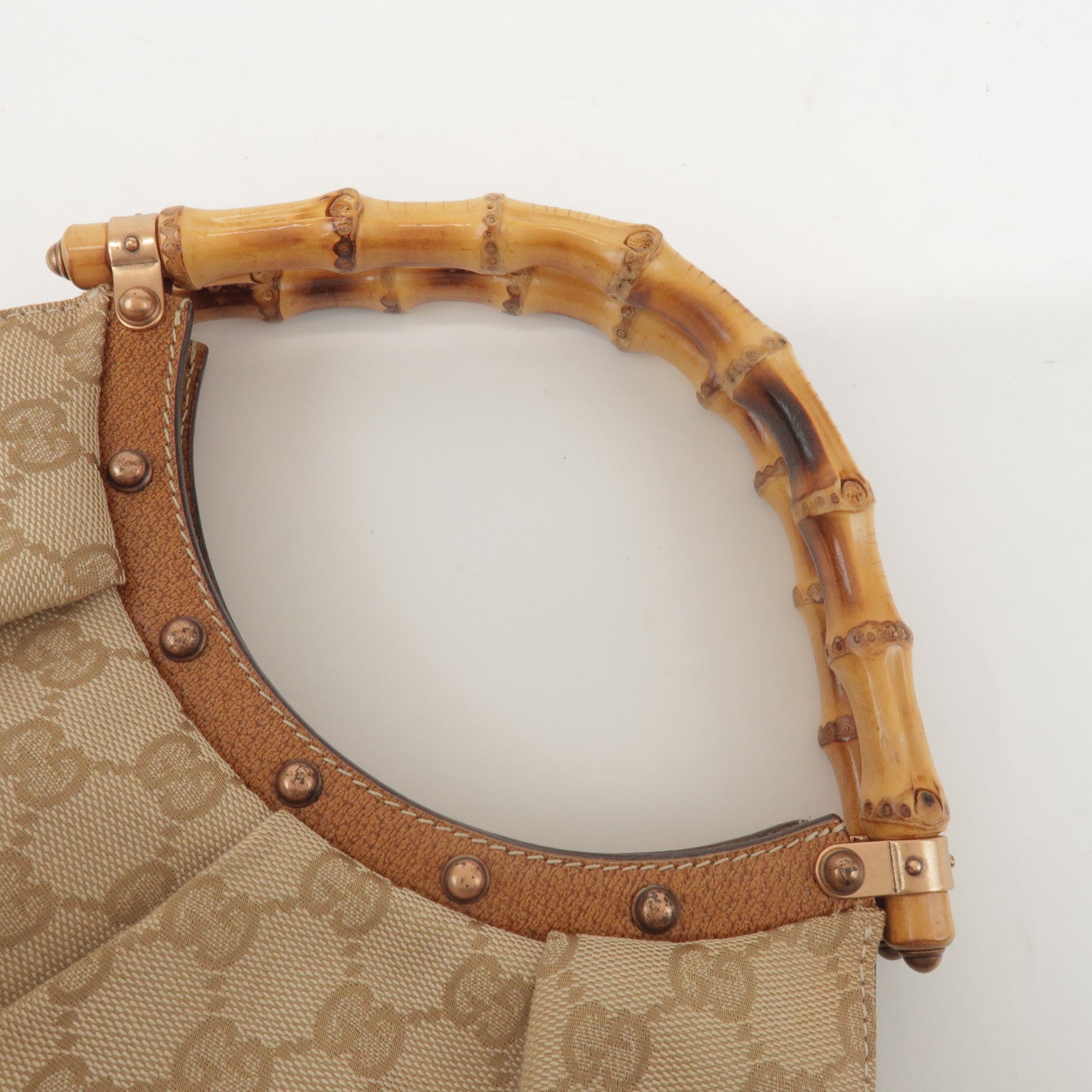 GUCCI Bamboo GG Canvas Leather Hand Bag Beige 124297