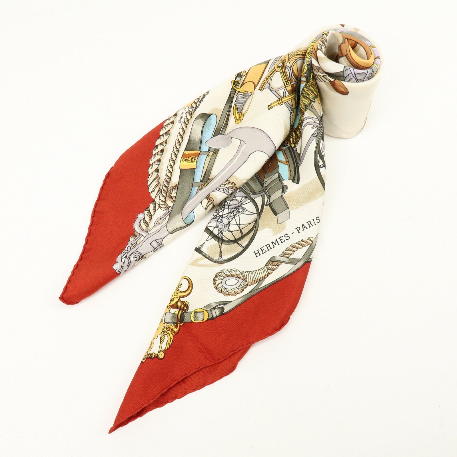 HERMES Carre 90 Silk 100% Scarf MUSEE Museum Print Red Beige