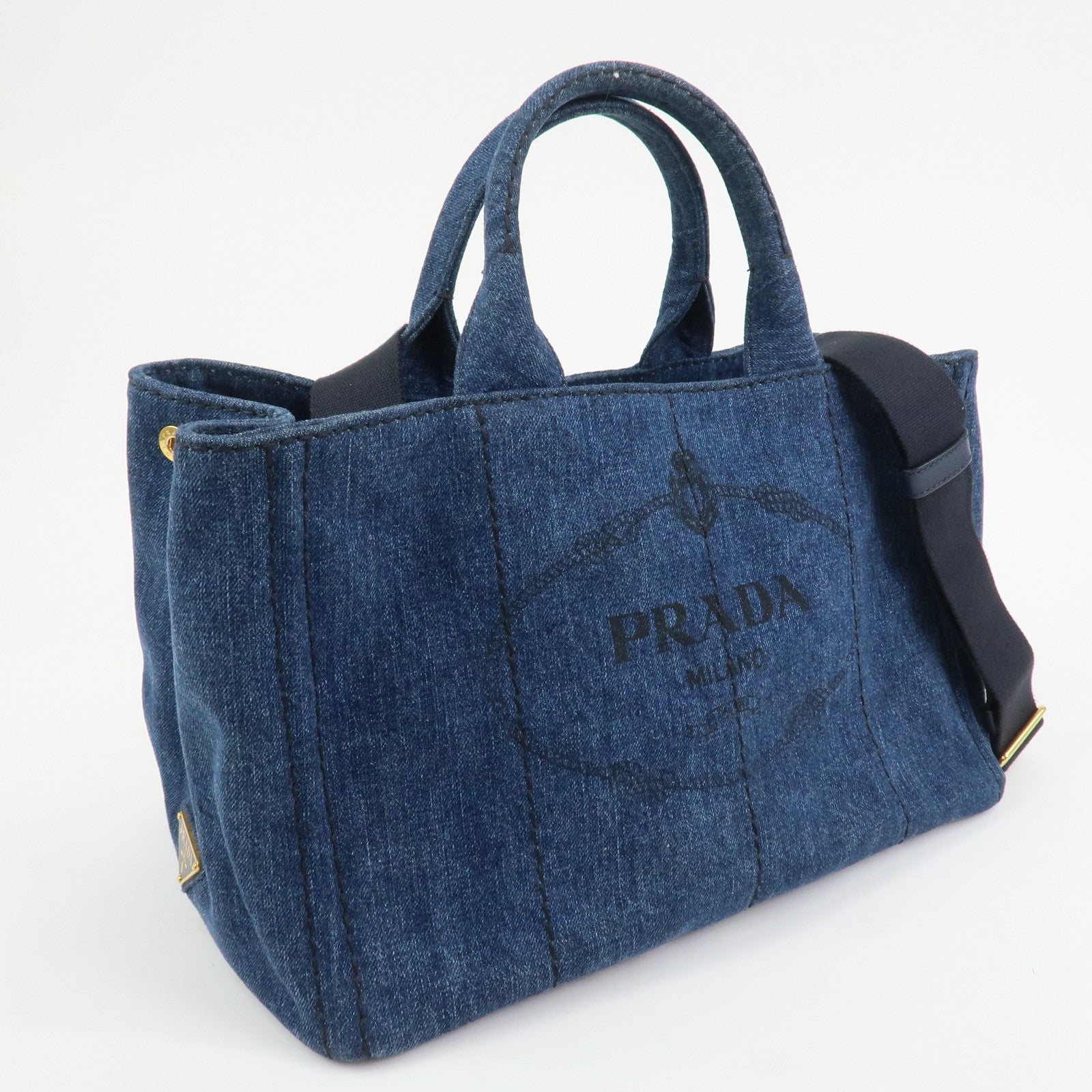 PRADA Logo Canapa Canvas Denim 2way Bag Hand Bag Blue B1877B